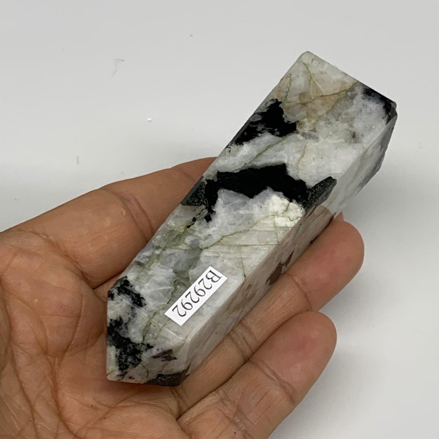 128.4g, 3.7"x1"x1.1" Rainbow Moonstone Tower Obelisk Point Crystal @India,B29292