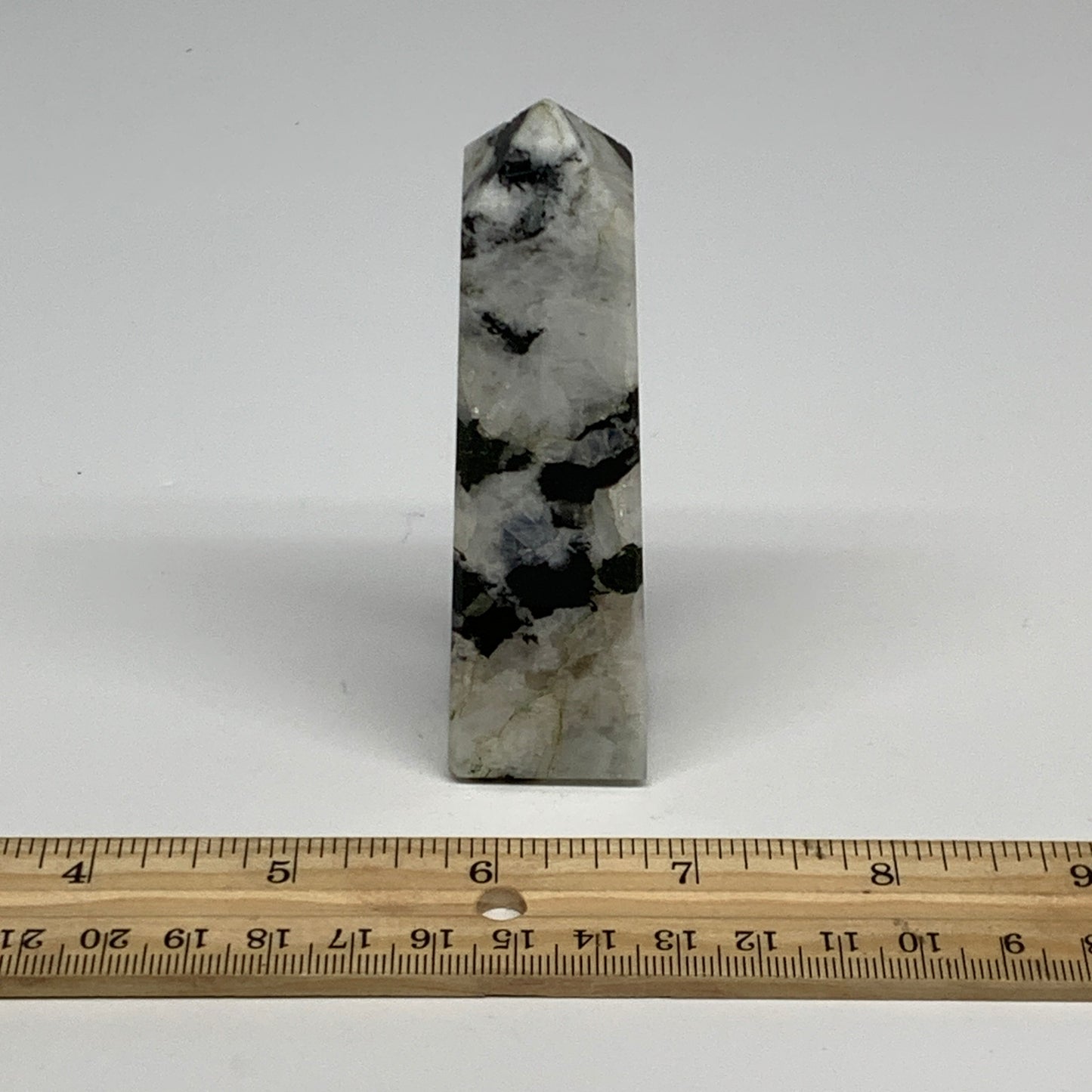 128.4g, 3.7"x1"x1.1" Rainbow Moonstone Tower Obelisk Point Crystal @India,B29292