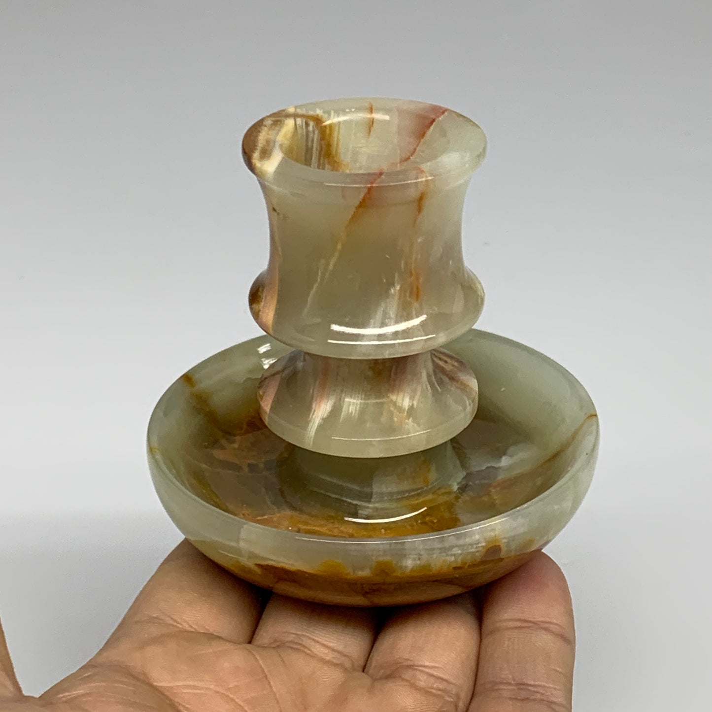 209g, 2.7"x1.4"x2.9", Natural Green Onyx Candle Holder Gemstone Carved, B32225