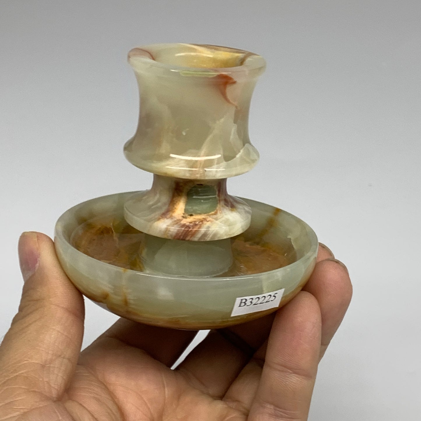 209g, 2.7"x1.4"x2.9", Natural Green Onyx Candle Holder Gemstone Carved, B32225