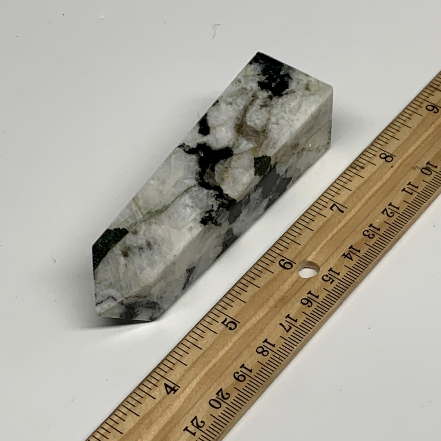 128.4g, 3.7"x1"x1.1" Rainbow Moonstone Tower Obelisk Point Crystal @India,B29292