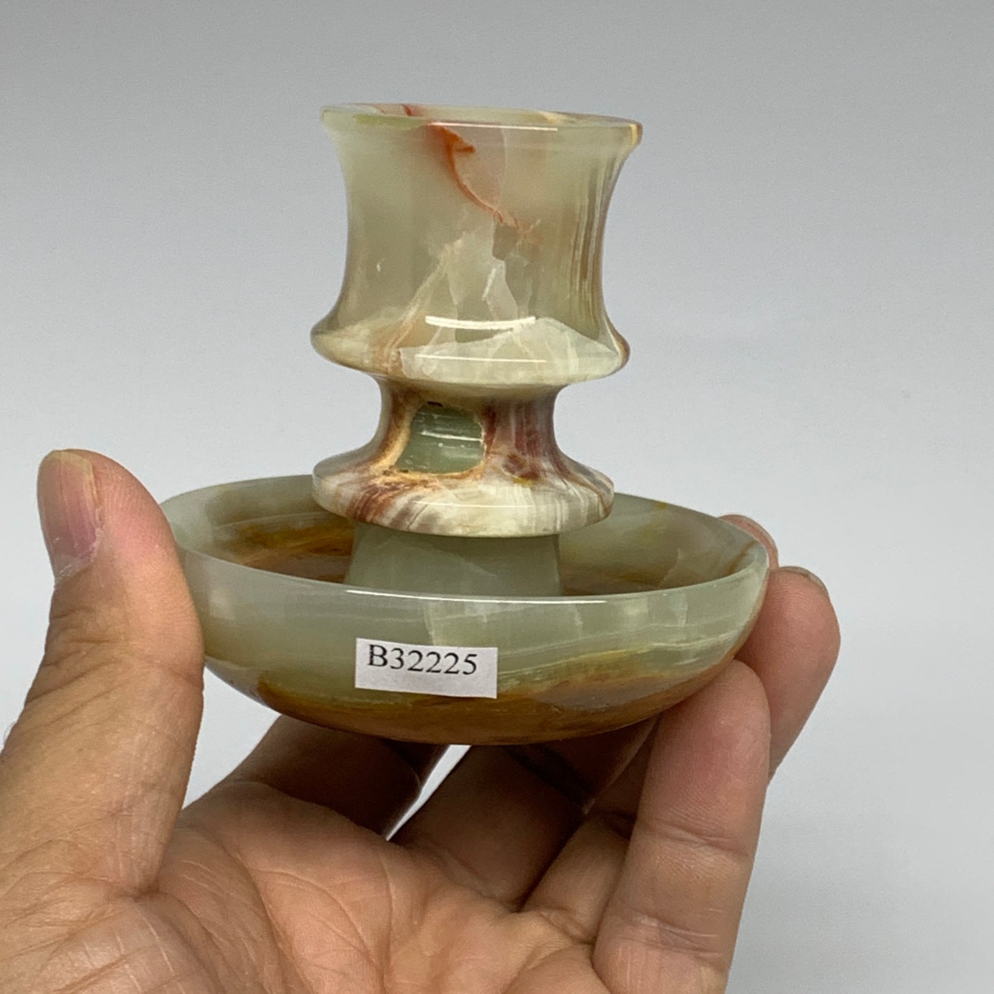 209g, 2.7"x1.4"x2.9", Natural Green Onyx Candle Holder Gemstone Carved, B32225