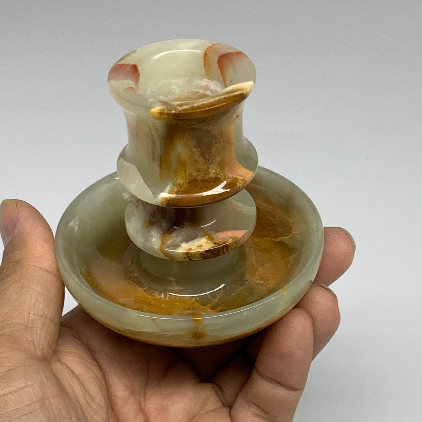 209g, 2.7"x1.4"x2.9", Natural Green Onyx Candle Holder Gemstone Carved, B32225