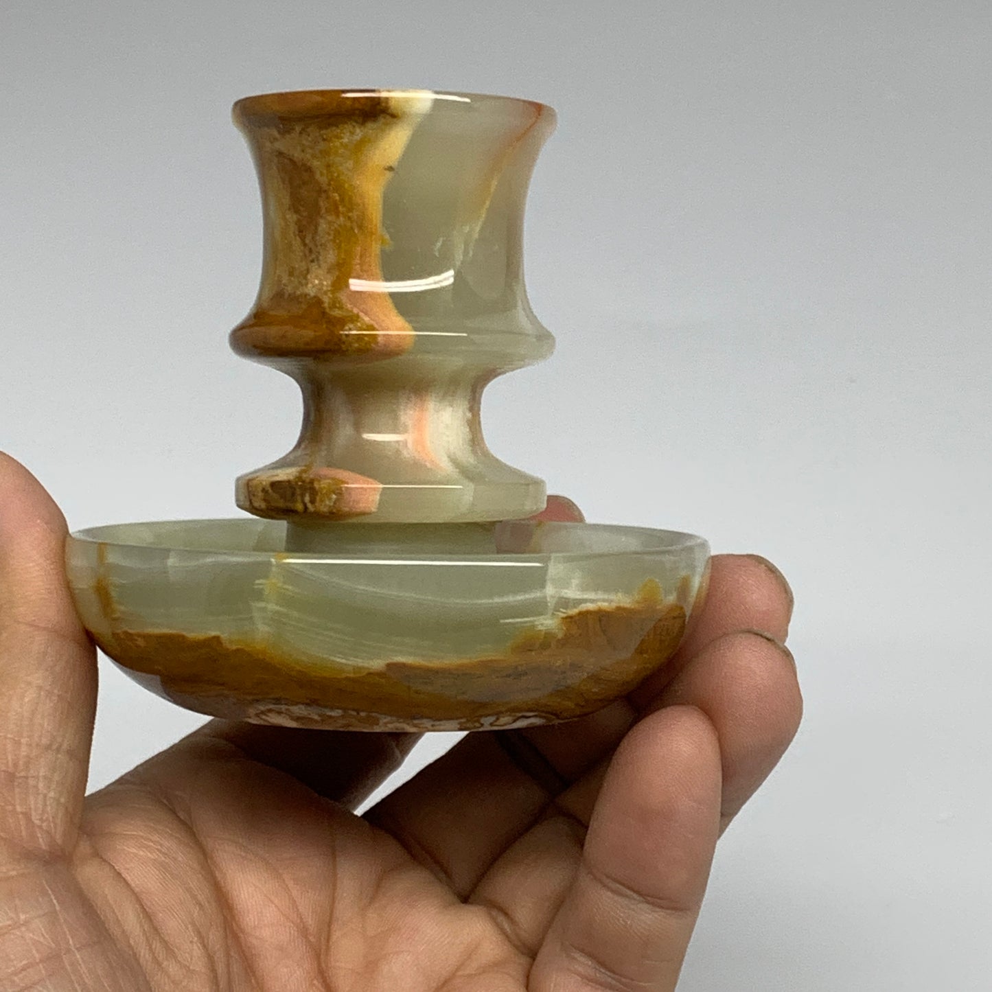 209g, 2.7"x1.4"x2.9", Natural Green Onyx Candle Holder Gemstone Carved, B32225