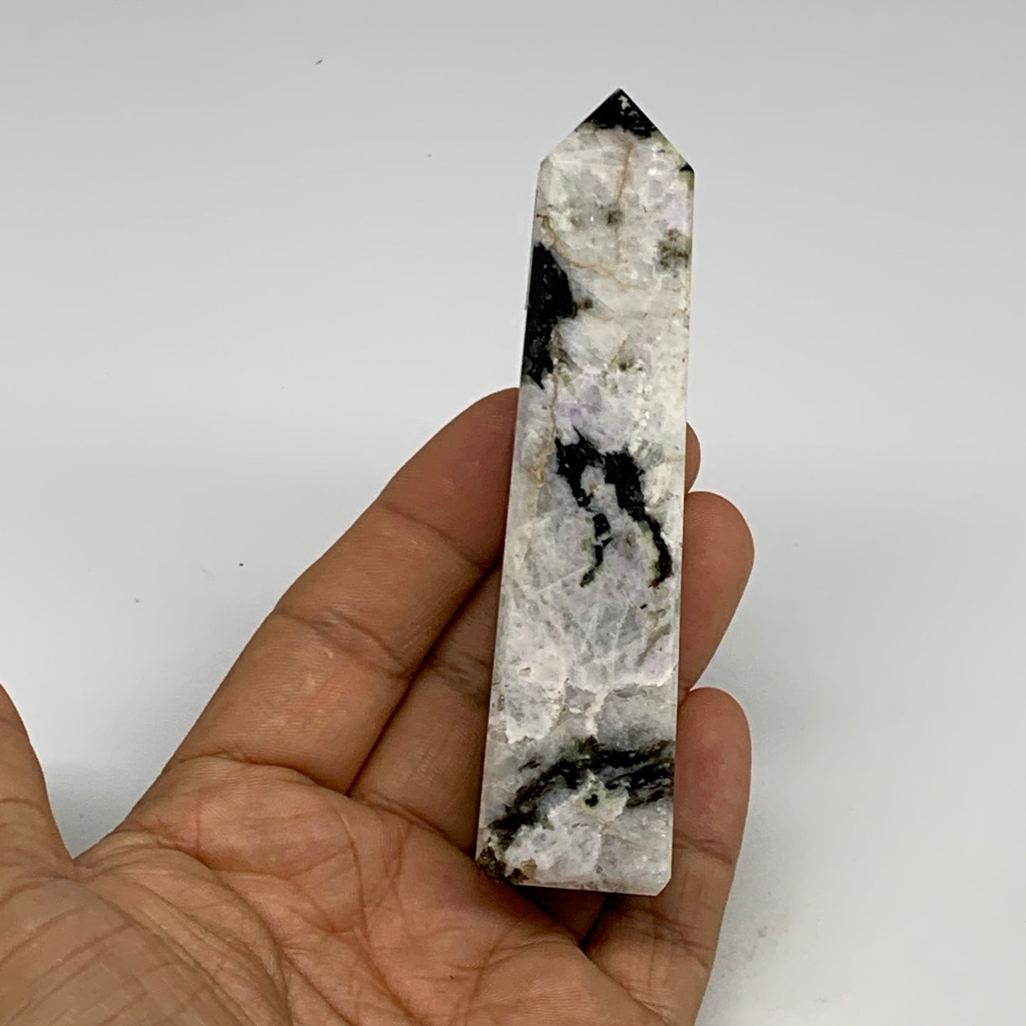 110.5g, 3.9"x0.9"x0.9" Rainbow Moonstone Tower Obelisk Point Crystal @India,B292