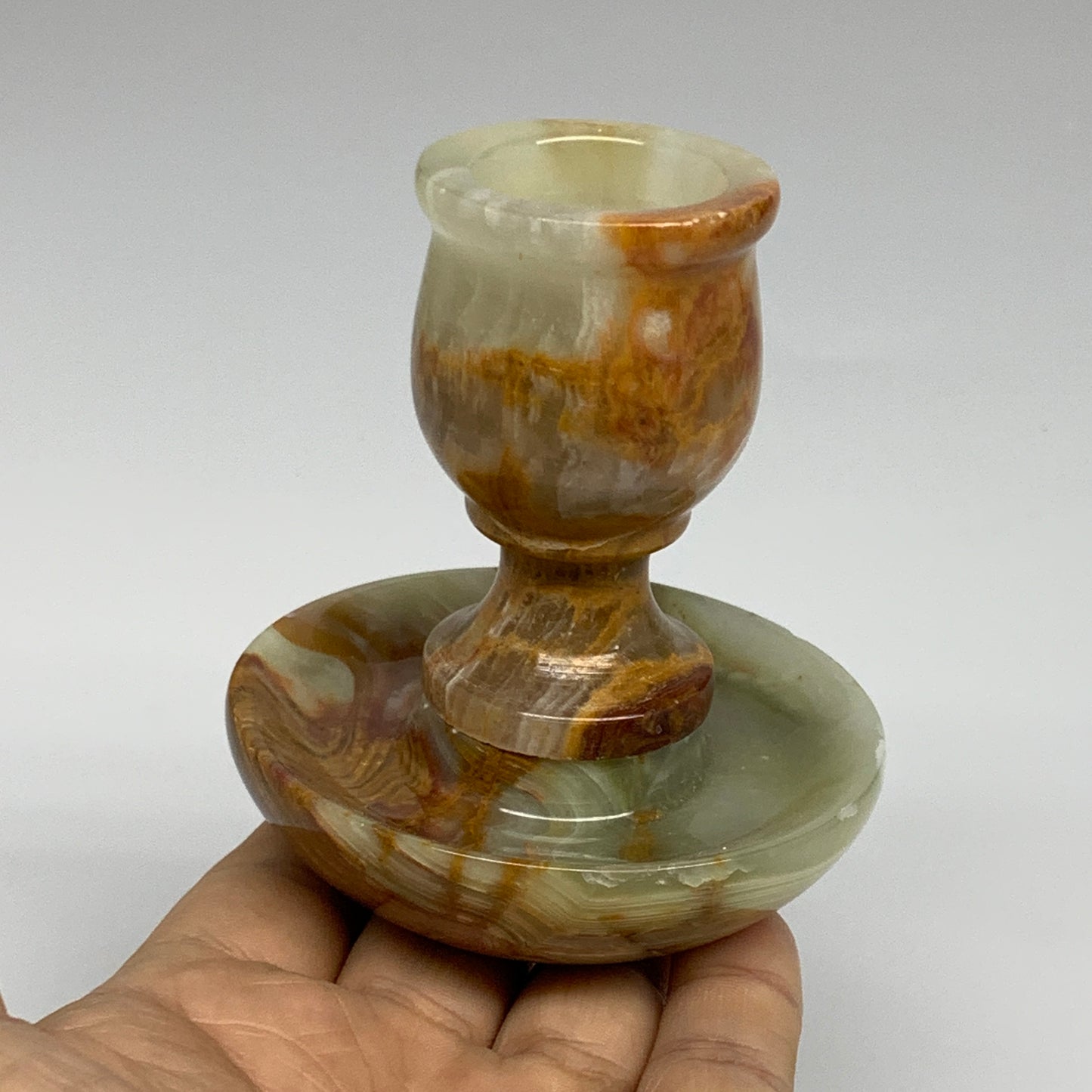 283g, 3.3"x1.5"x2.9", Natural Green Onyx Candle Holder Gemstone Carved, B32226