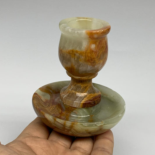 283g, 3.3"x1.5"x2.9", Natural Green Onyx Candle Holder Gemstone Carved, B32226