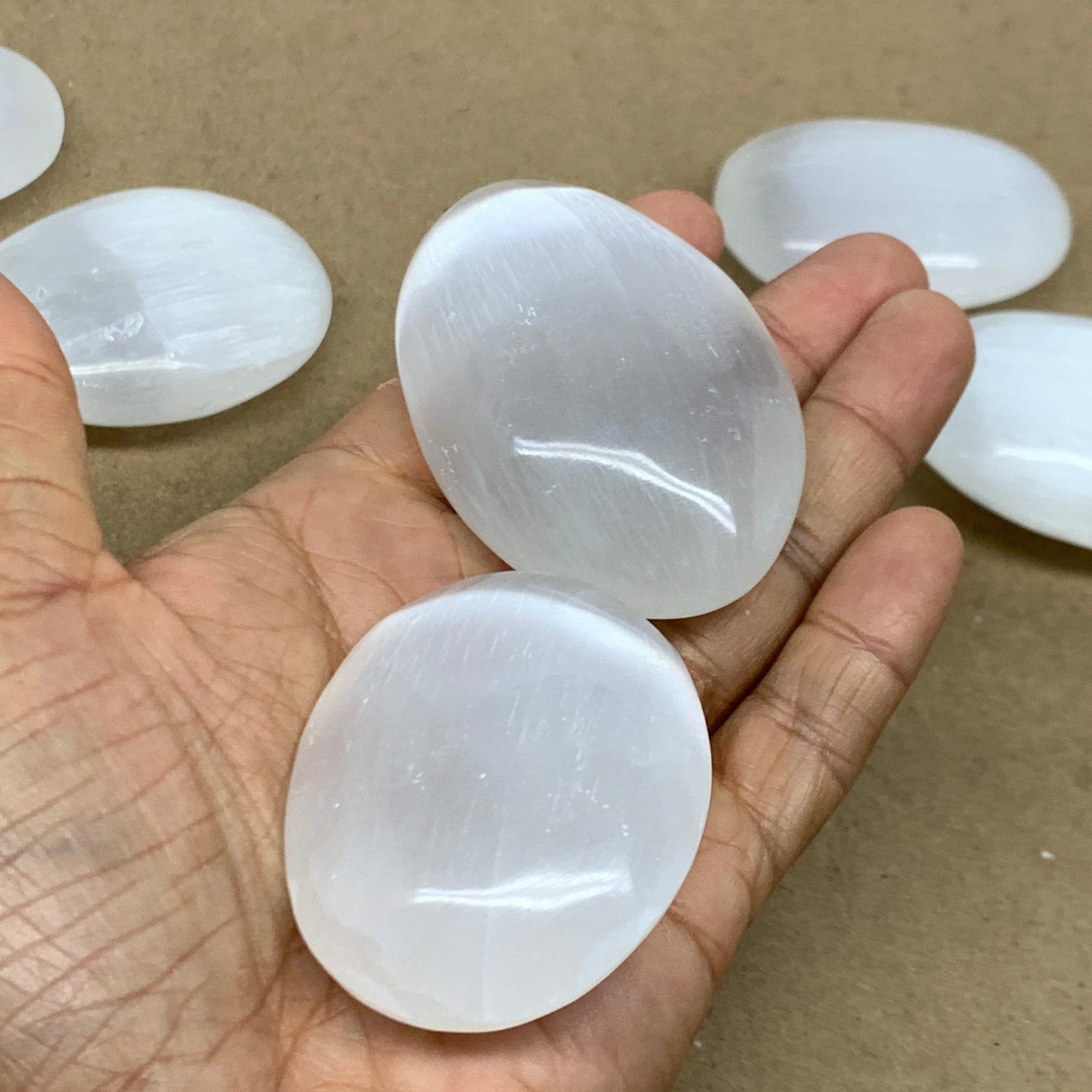 1pc, 2.2"x1.6"x0.7", White Selenite Palmstone Crystal Pillow Reiki, B36289