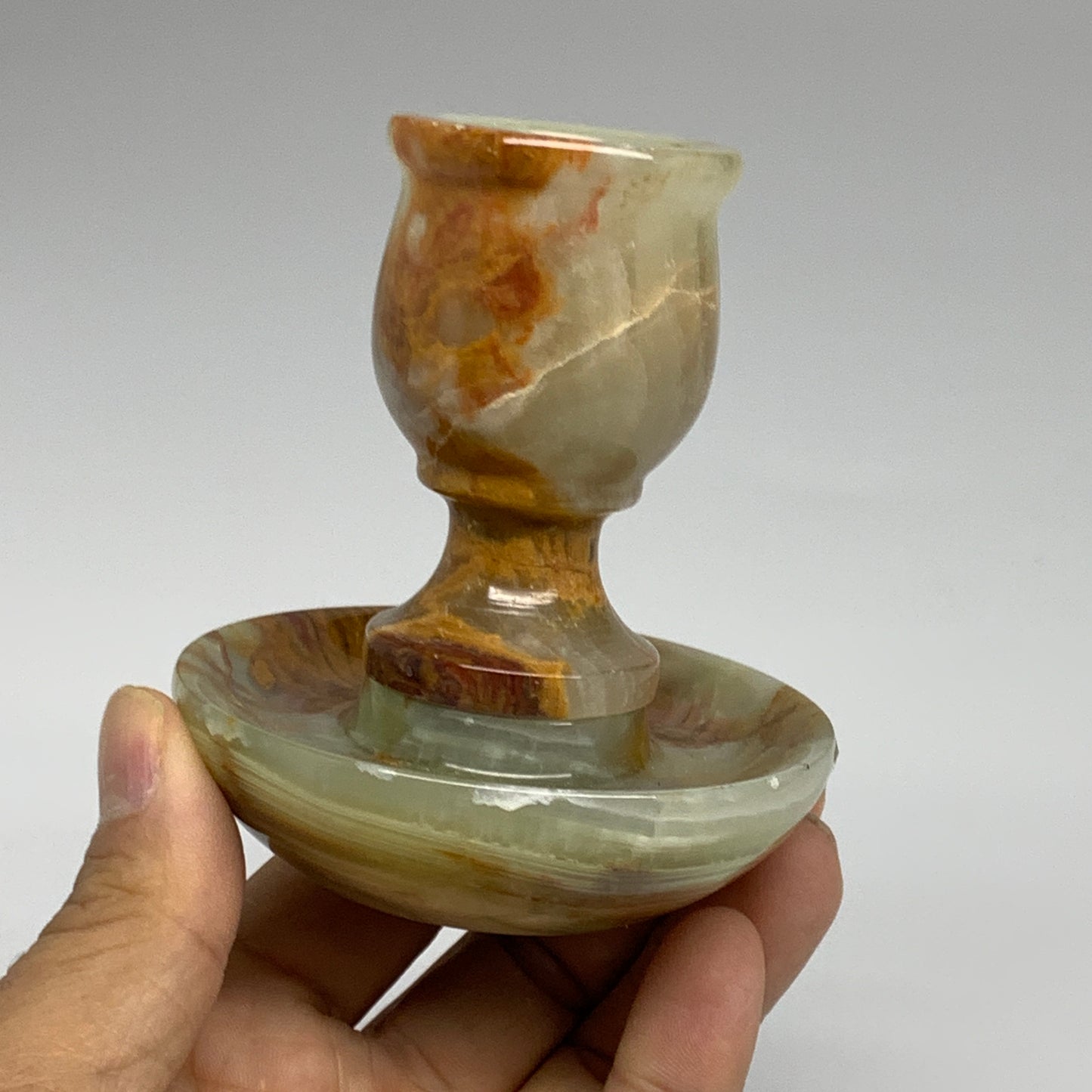 283g, 3.3"x1.5"x2.9", Natural Green Onyx Candle Holder Gemstone Carved, B32226