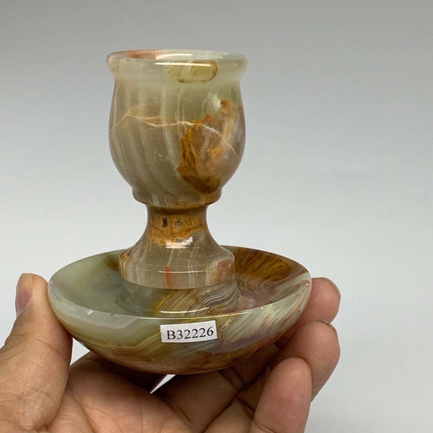 283g, 3.3"x1.5"x2.9", Natural Green Onyx Candle Holder Gemstone Carved, B32226