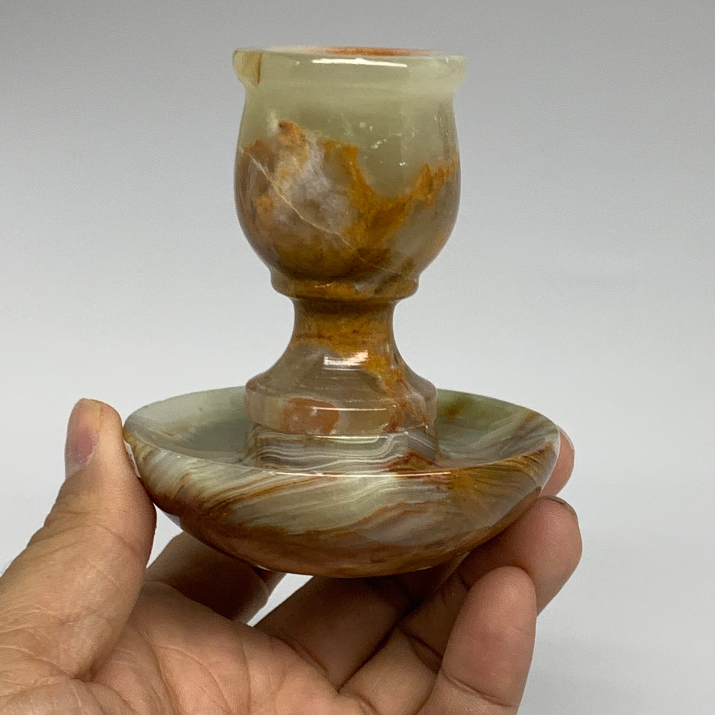 283g, 3.3"x1.5"x2.9", Natural Green Onyx Candle Holder Gemstone Carved, B32226