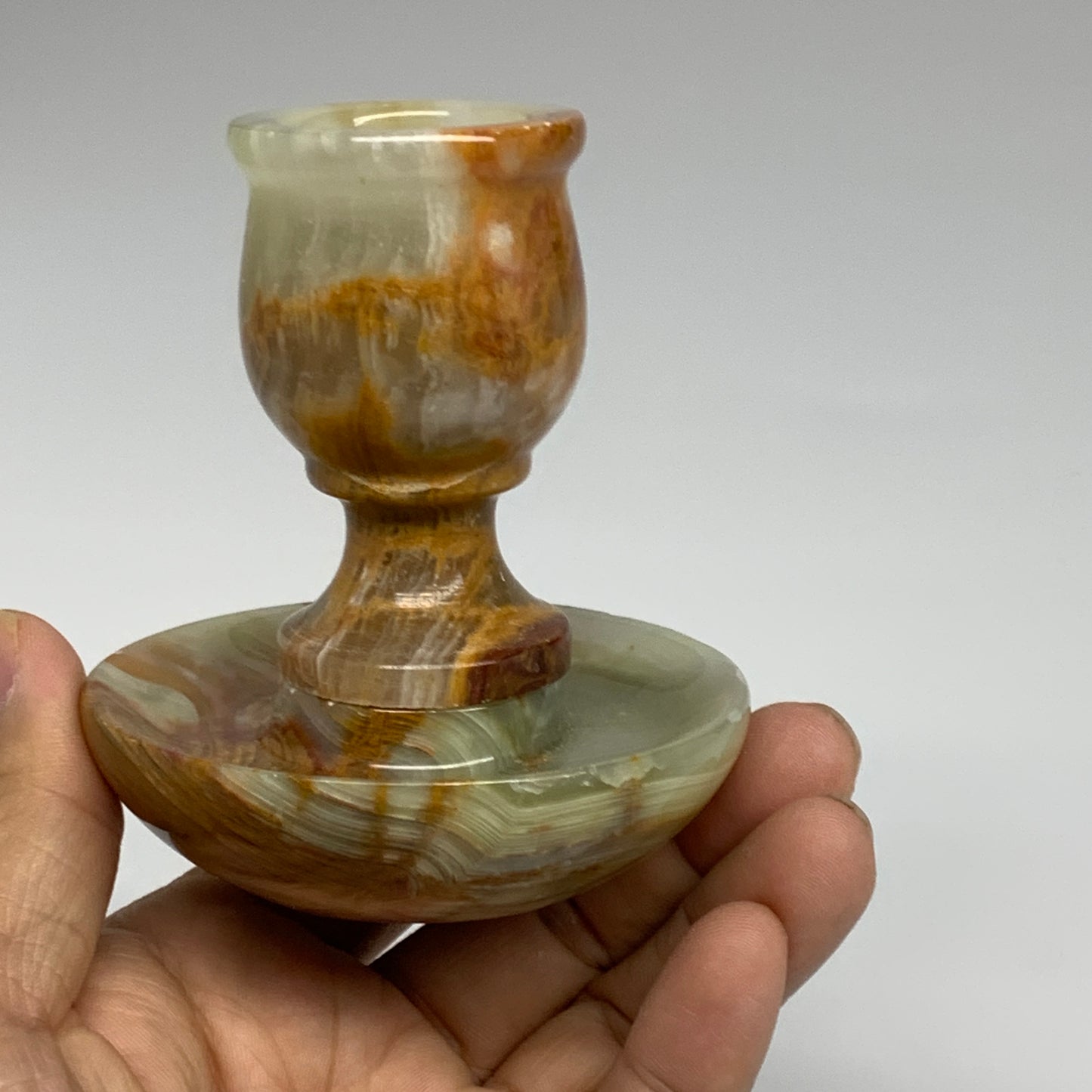 283g, 3.3"x1.5"x2.9", Natural Green Onyx Candle Holder Gemstone Carved, B32226