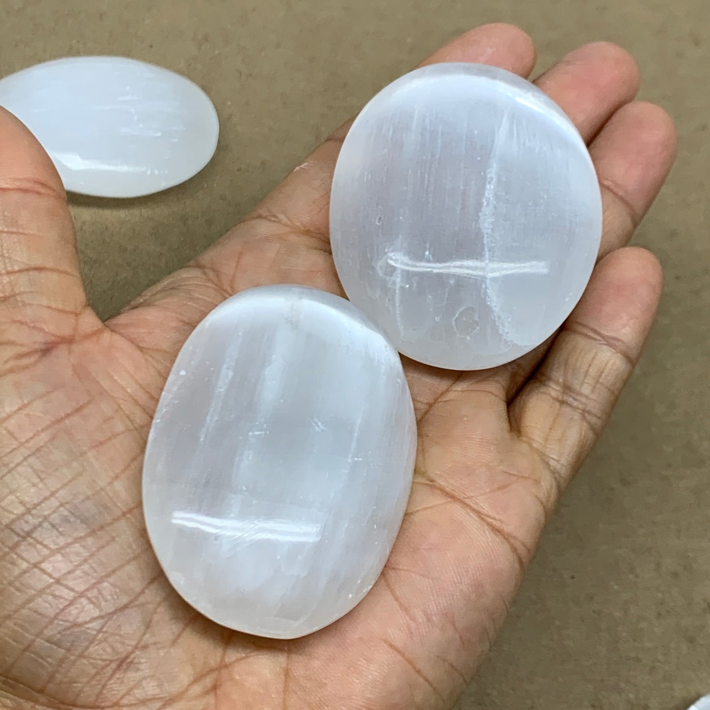 1pc, 2.2"x1.6"x0.7", White Selenite Palmstone Crystal Pillow Reiki, B36289