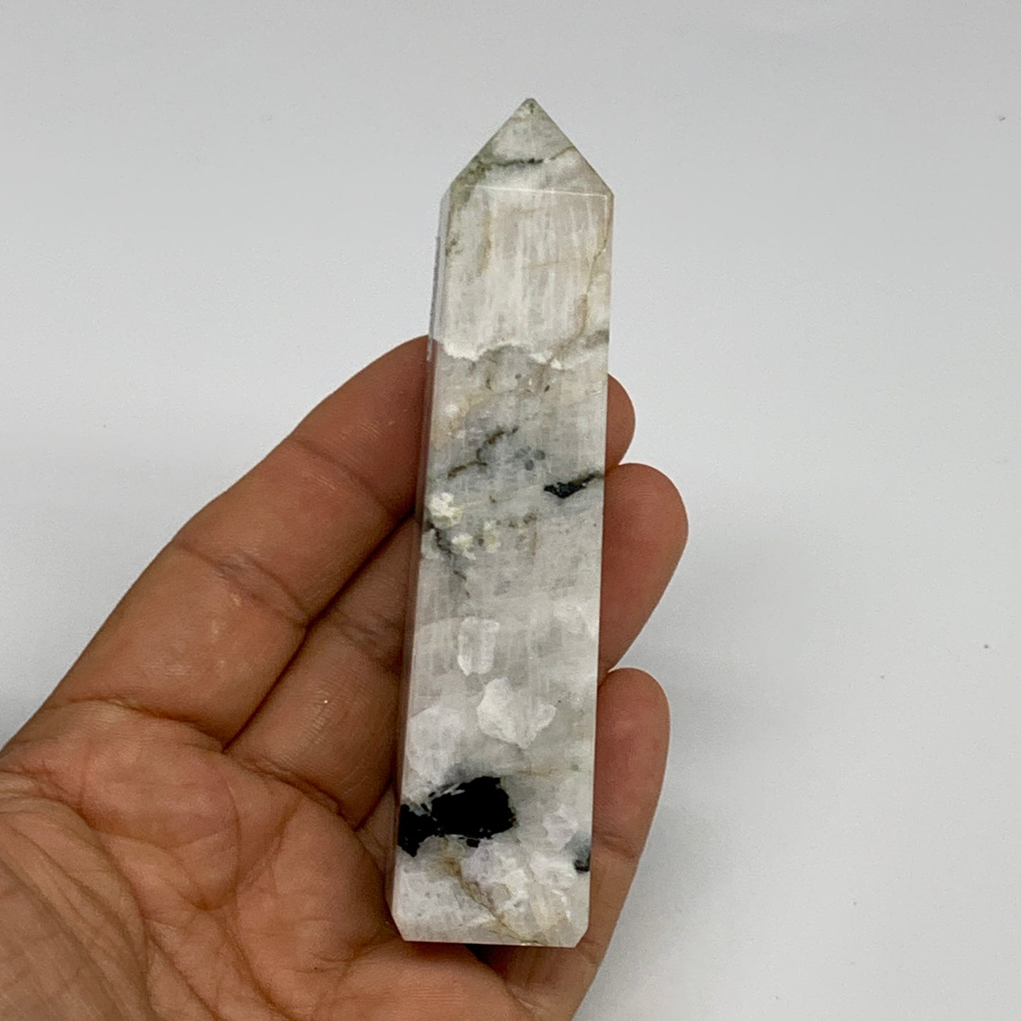 104.6g, 4"x0.8"x0.9" Rainbow Moonstone Tower Obelisk Point Crystal @India,B29295