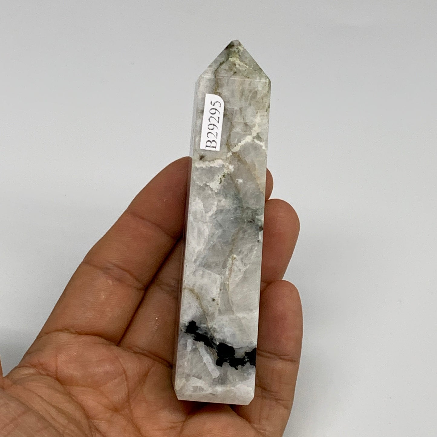 104.6g, 4"x0.8"x0.9" Rainbow Moonstone Tower Obelisk Point Crystal @India,B29295