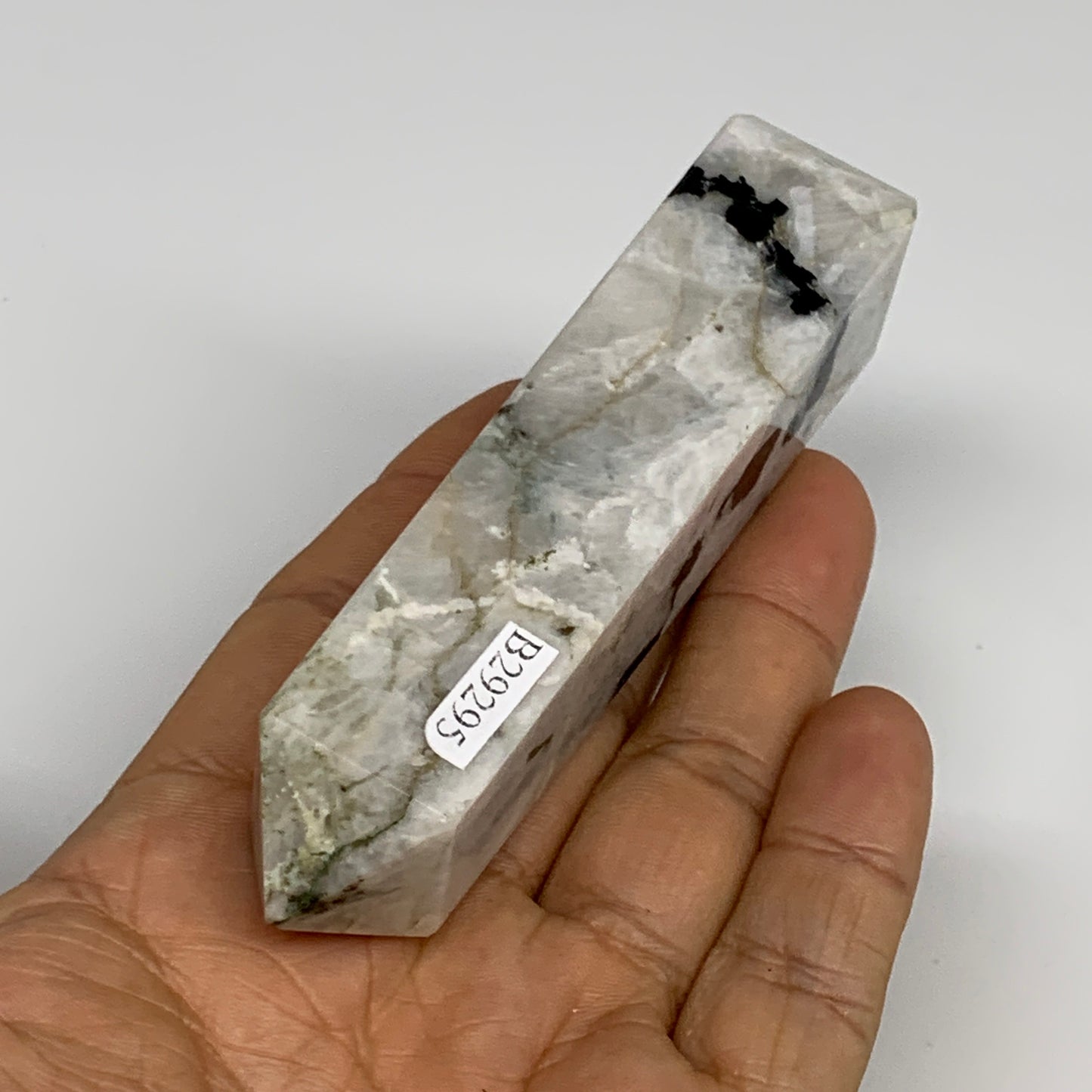 104.6g, 4"x0.8"x0.9" Rainbow Moonstone Tower Obelisk Point Crystal @India,B29295