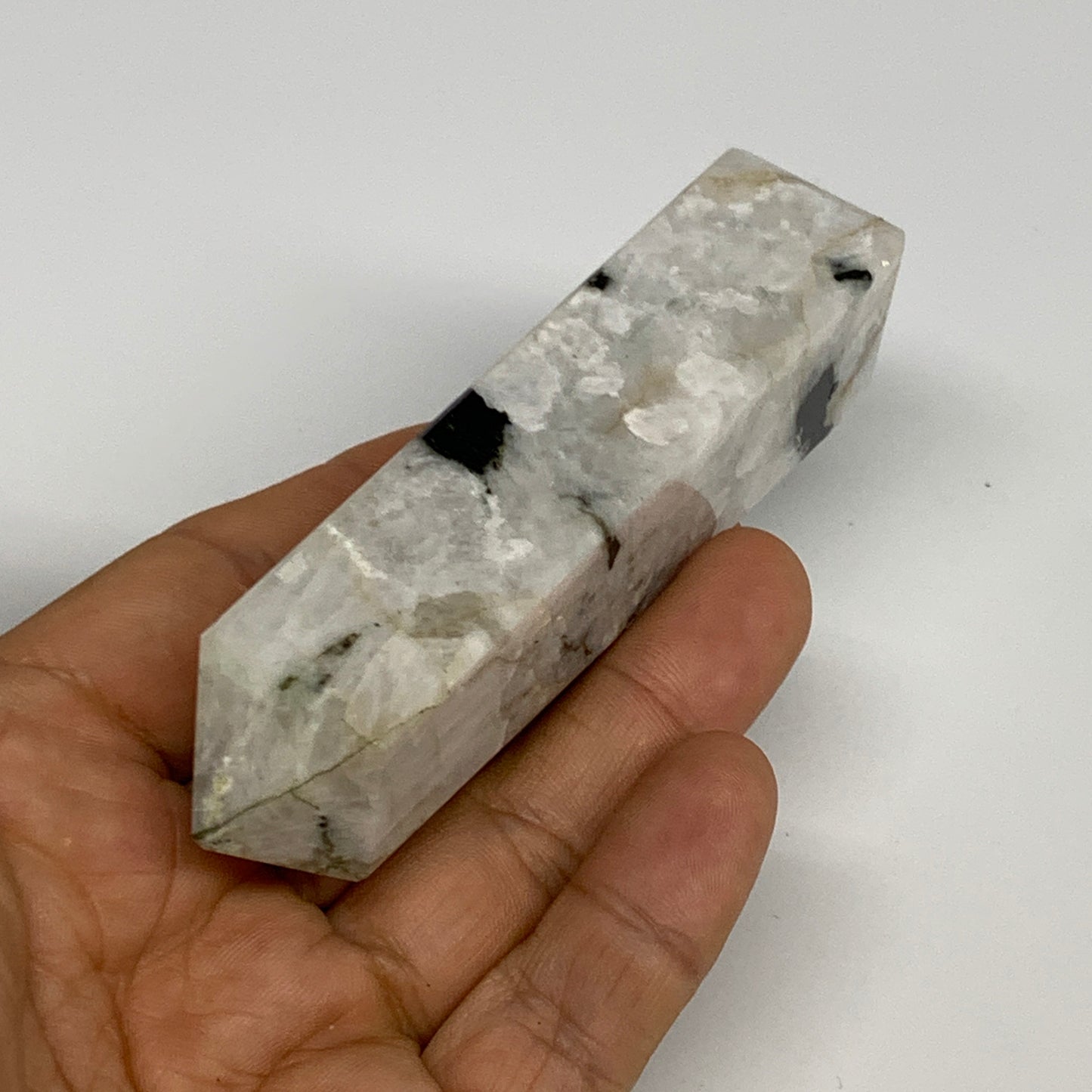 104.6g, 4"x0.8"x0.9" Rainbow Moonstone Tower Obelisk Point Crystal @India,B29295