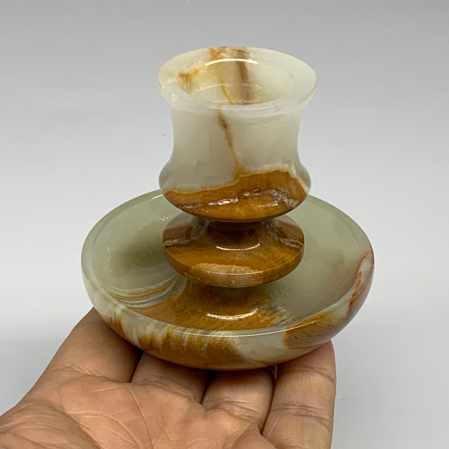 190g, 2.7"x1.4"x2.9", Natural Green Onyx Candle Holder Gemstone Carved, B32227