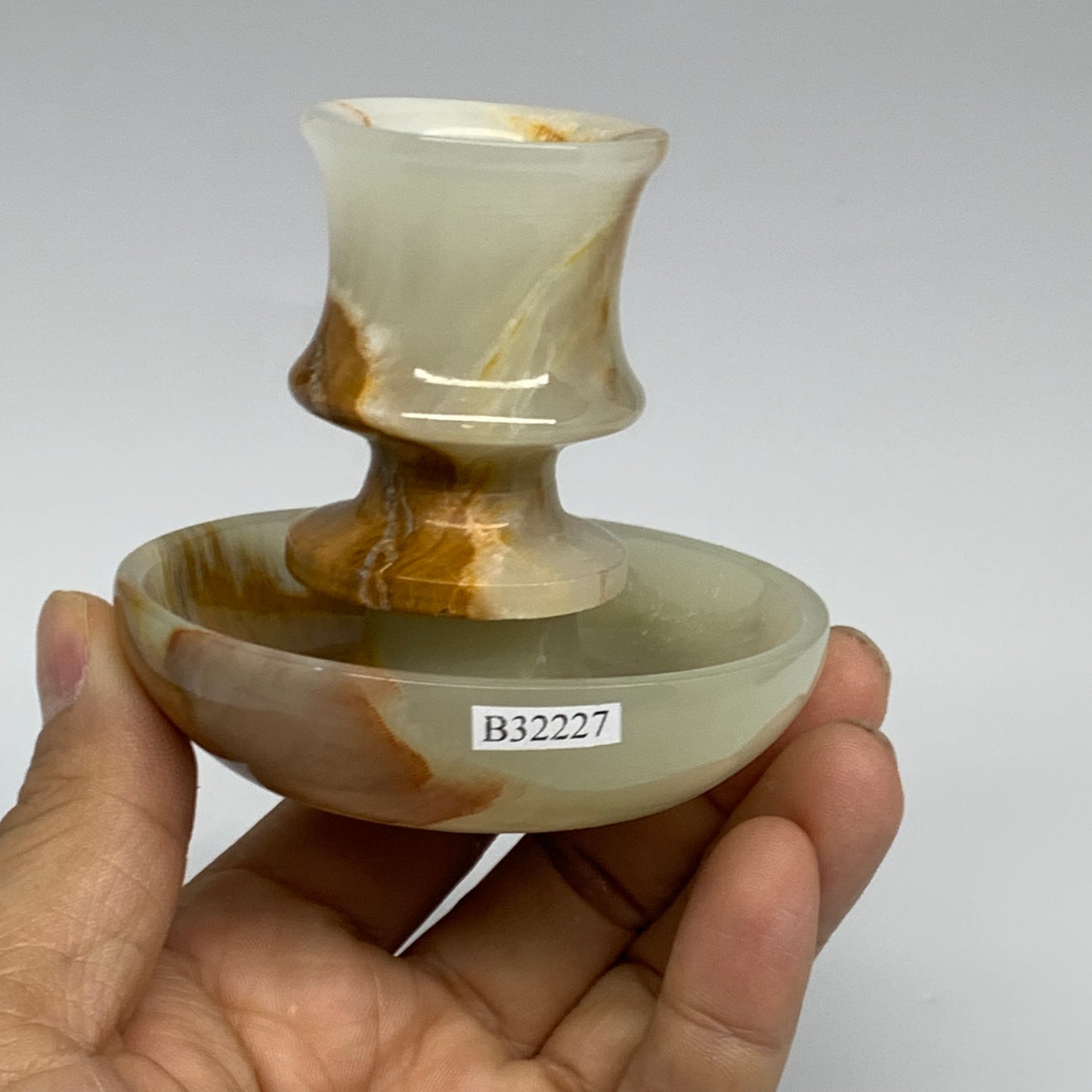 190g, 2.7"x1.4"x2.9", Natural Green Onyx Candle Holder Gemstone Carved, B32227