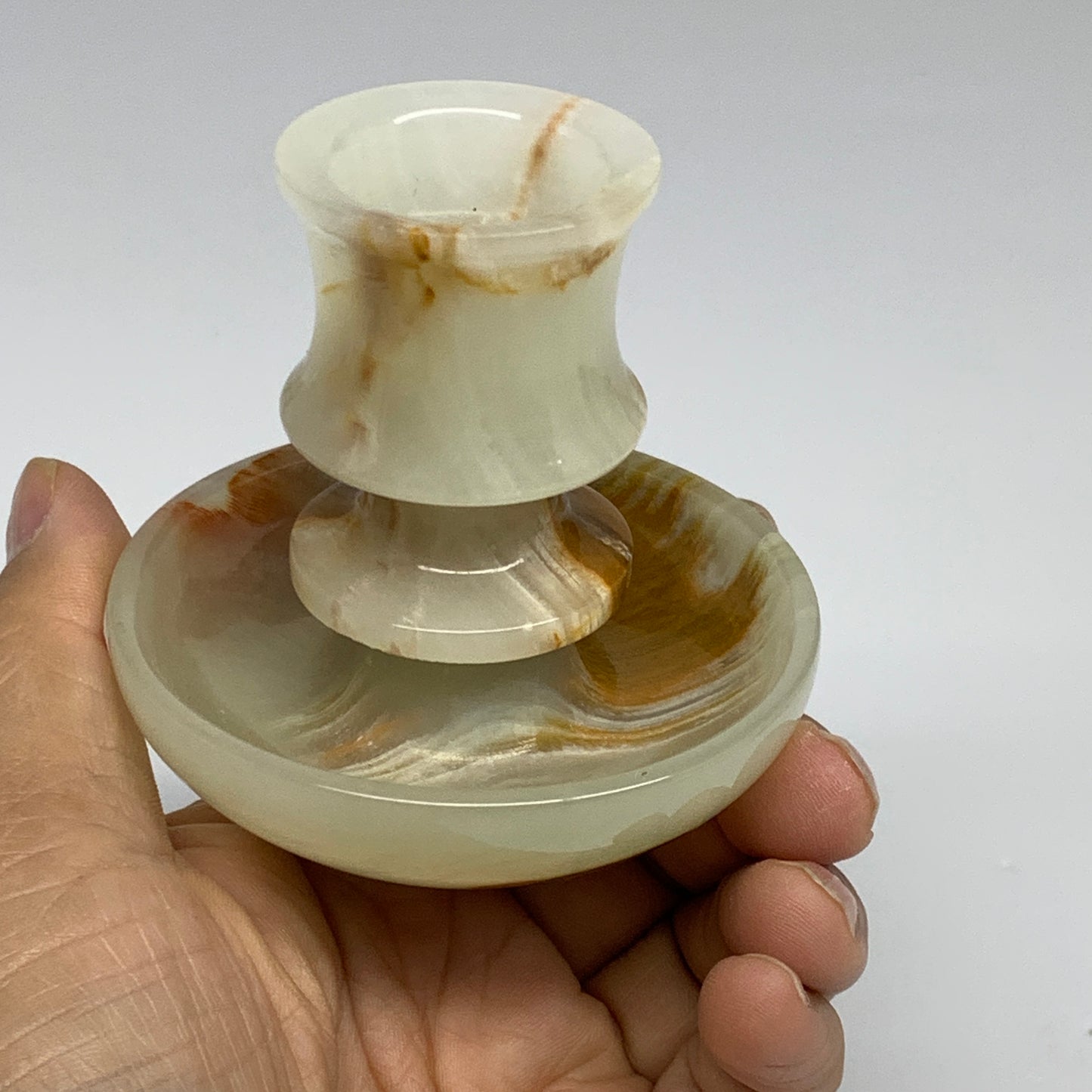 190g, 2.7"x1.4"x2.9", Natural Green Onyx Candle Holder Gemstone Carved, B32227