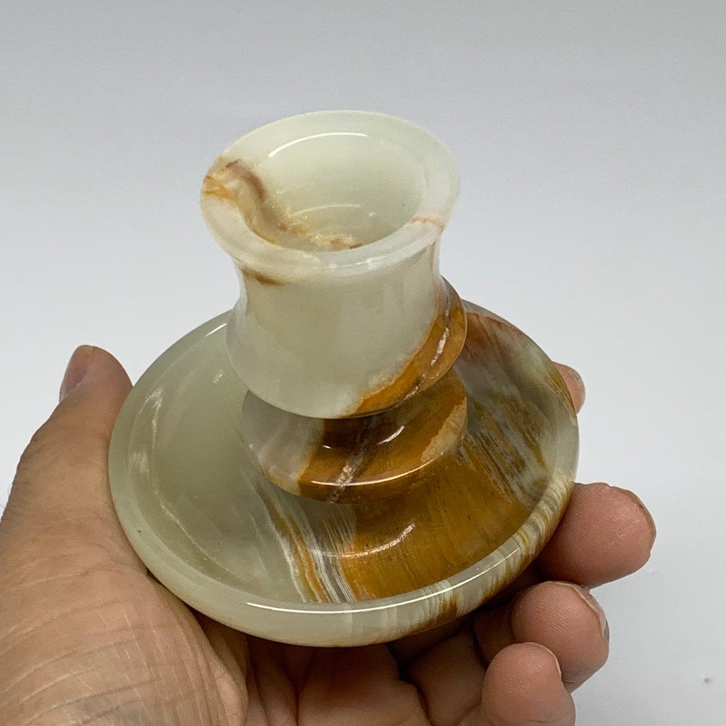 190g, 2.7"x1.4"x2.9", Natural Green Onyx Candle Holder Gemstone Carved, B32227