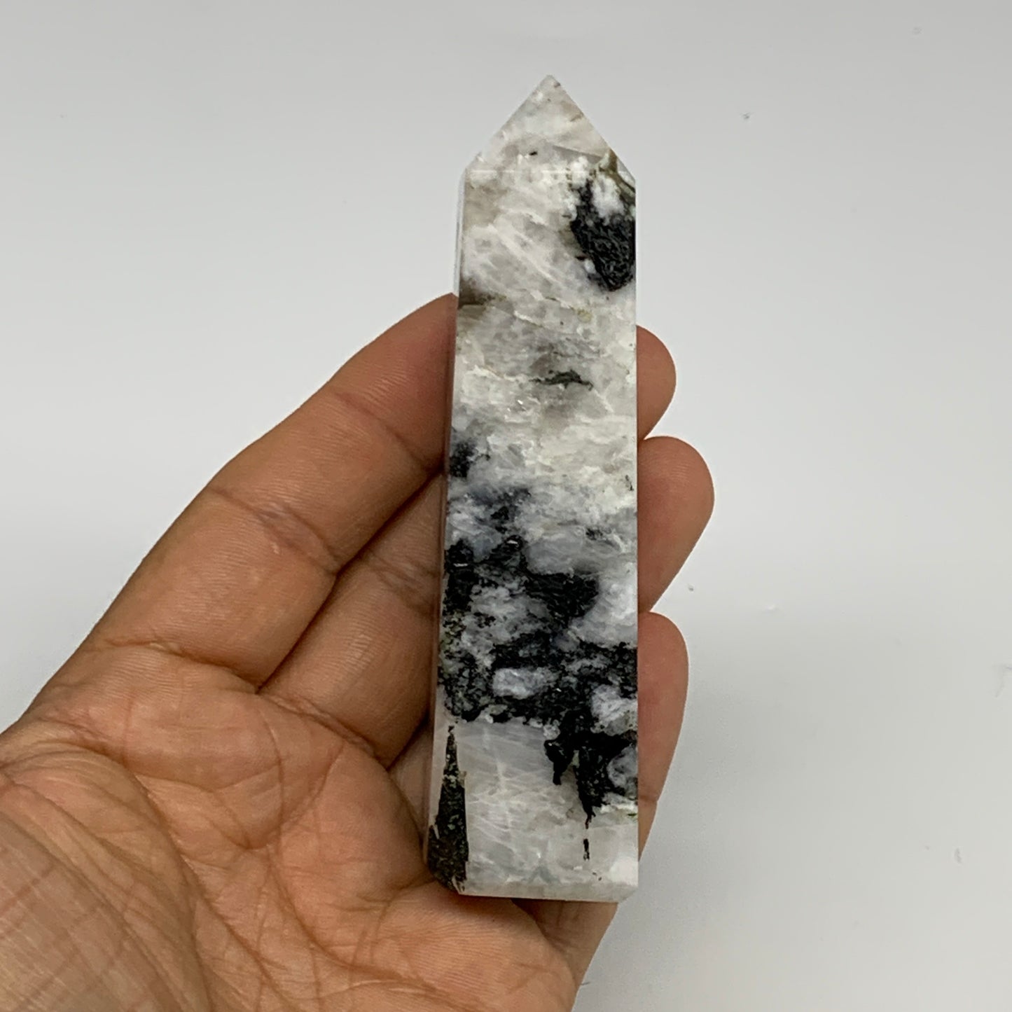 117.7g, 3.9"x1"x1" Rainbow Moonstone Tower Obelisk Point Crystal @India,B29297