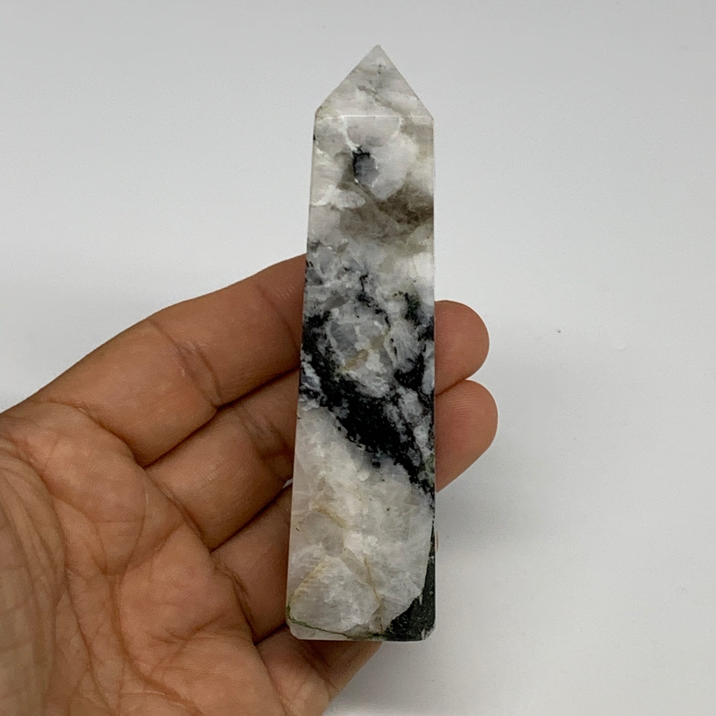 117.7g, 3.9"x1"x1" Rainbow Moonstone Tower Obelisk Point Crystal @India,B29297