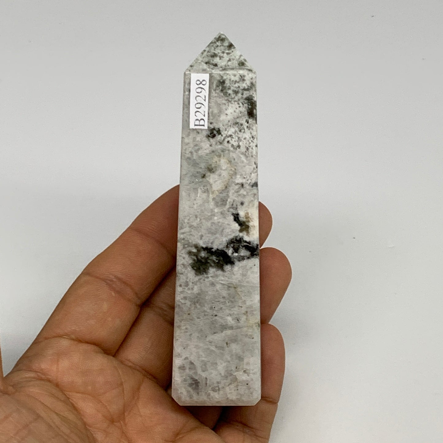 122.9g, 4.1"x1"x1" Rainbow Moonstone Tower Obelisk Point Crystal @India,B29298