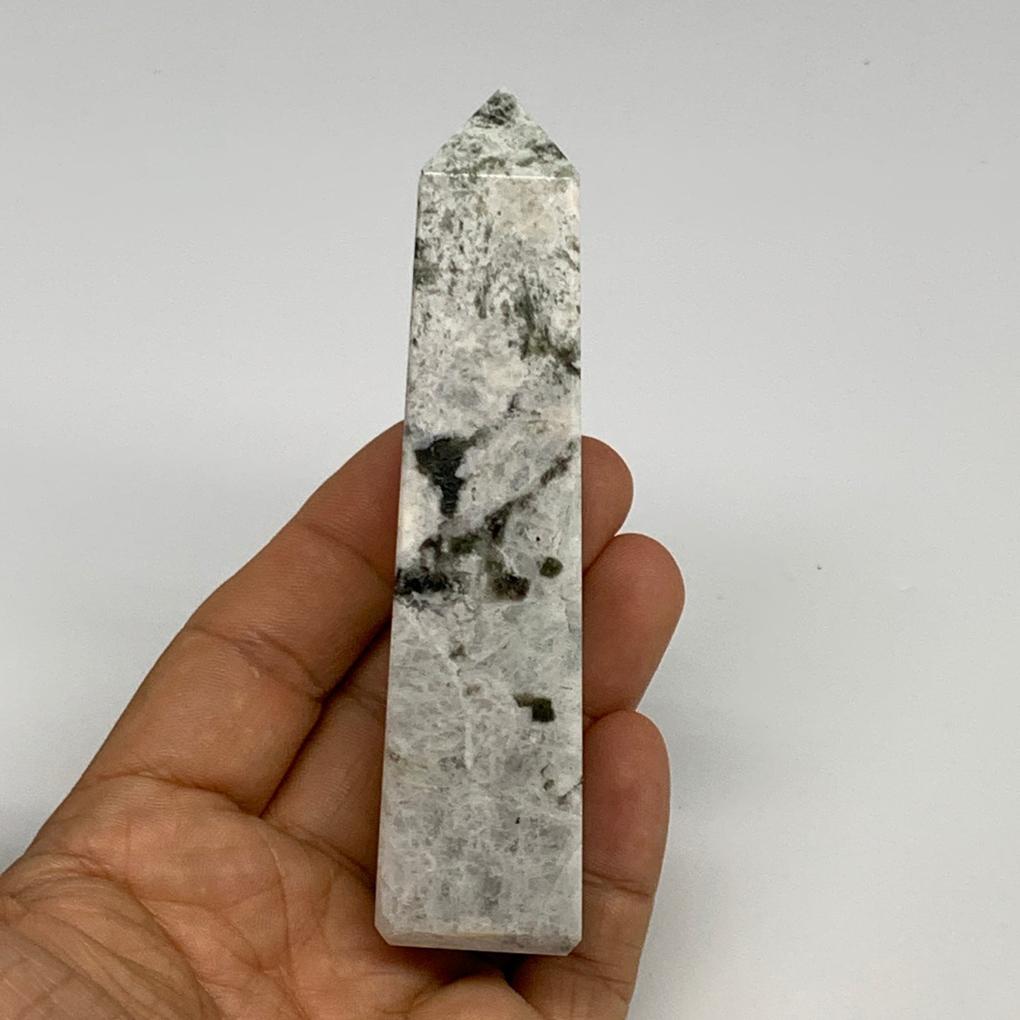 122.9g, 4.1"x1"x1" Rainbow Moonstone Tower Obelisk Point Crystal @India,B29298