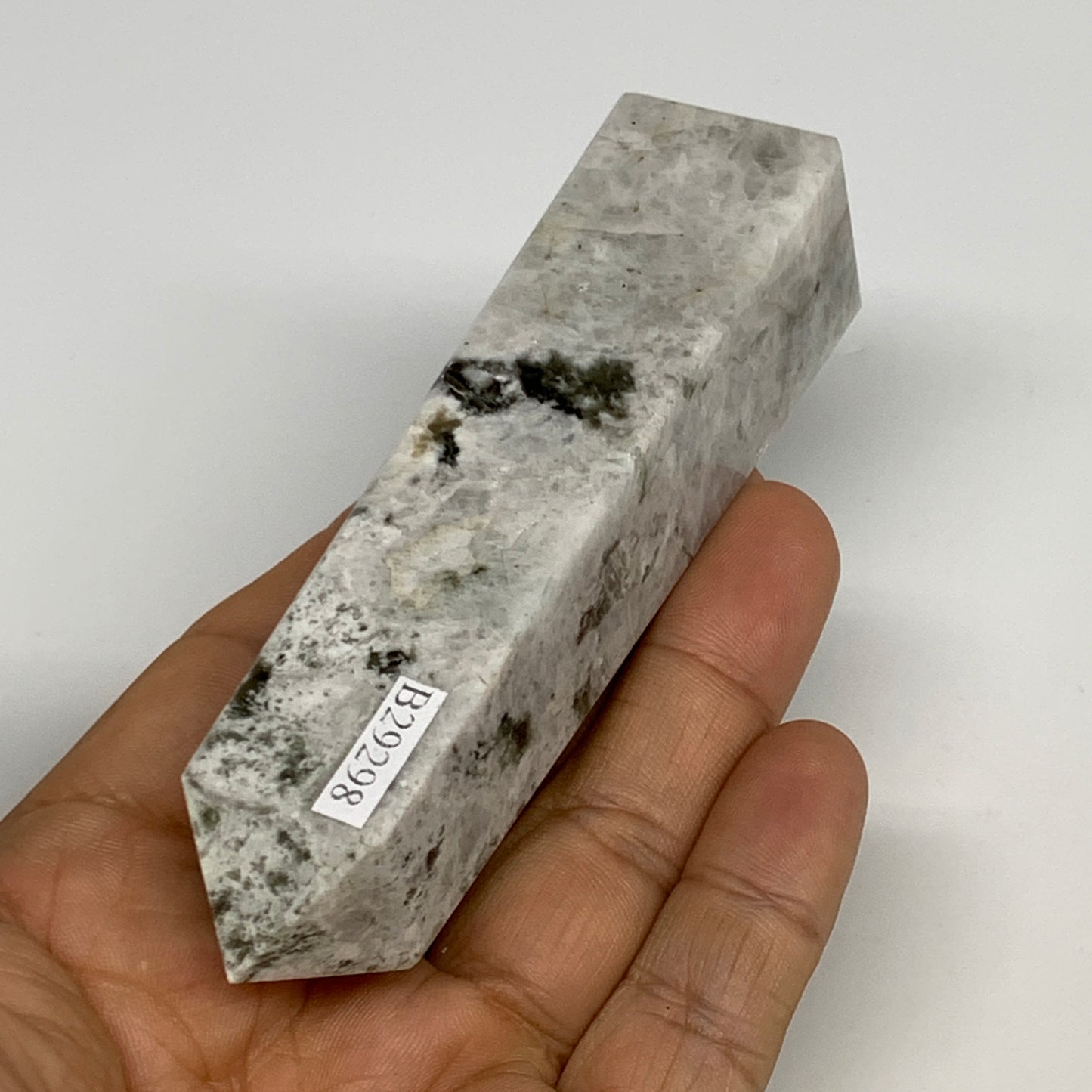 122.9g, 4.1"x1"x1" Rainbow Moonstone Tower Obelisk Point Crystal @India,B29298