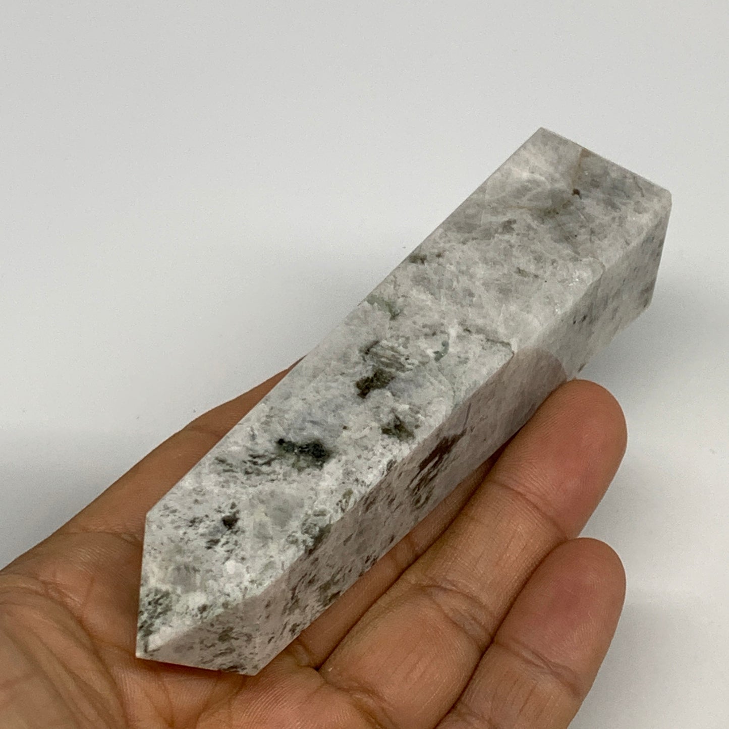 122.9g, 4.1"x1"x1" Rainbow Moonstone Tower Obelisk Point Crystal @India,B29298