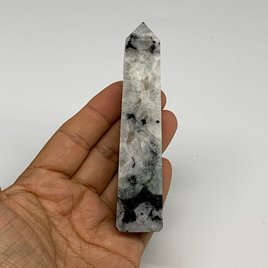 121.9g, 4.2"x0.9"x0.9" Rainbow Moonstone Tower Obelisk Point Crystal @India,B292