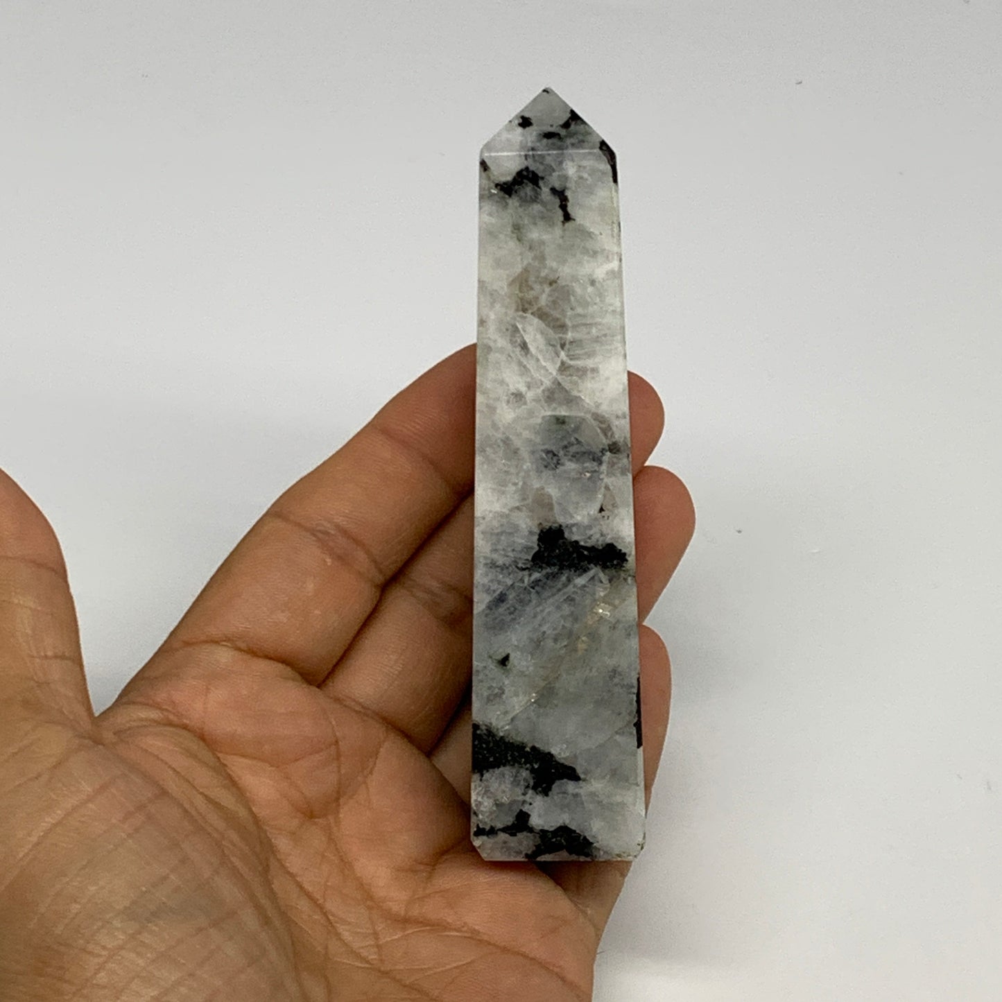 121.9g, 4.2"x0.9"x0.9" Rainbow Moonstone Tower Obelisk Point Crystal @India,B292