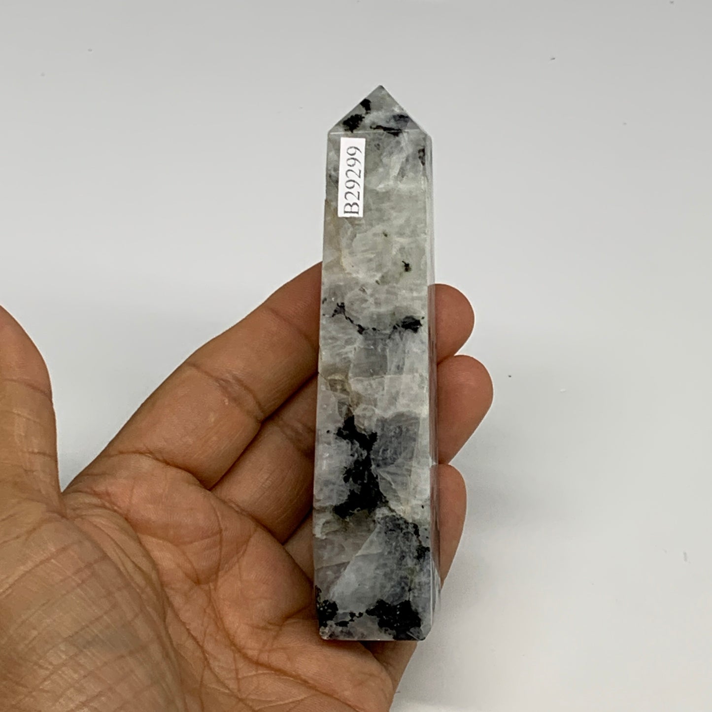 121.9g, 4.2"x0.9"x0.9" Rainbow Moonstone Tower Obelisk Point Crystal @India,B292