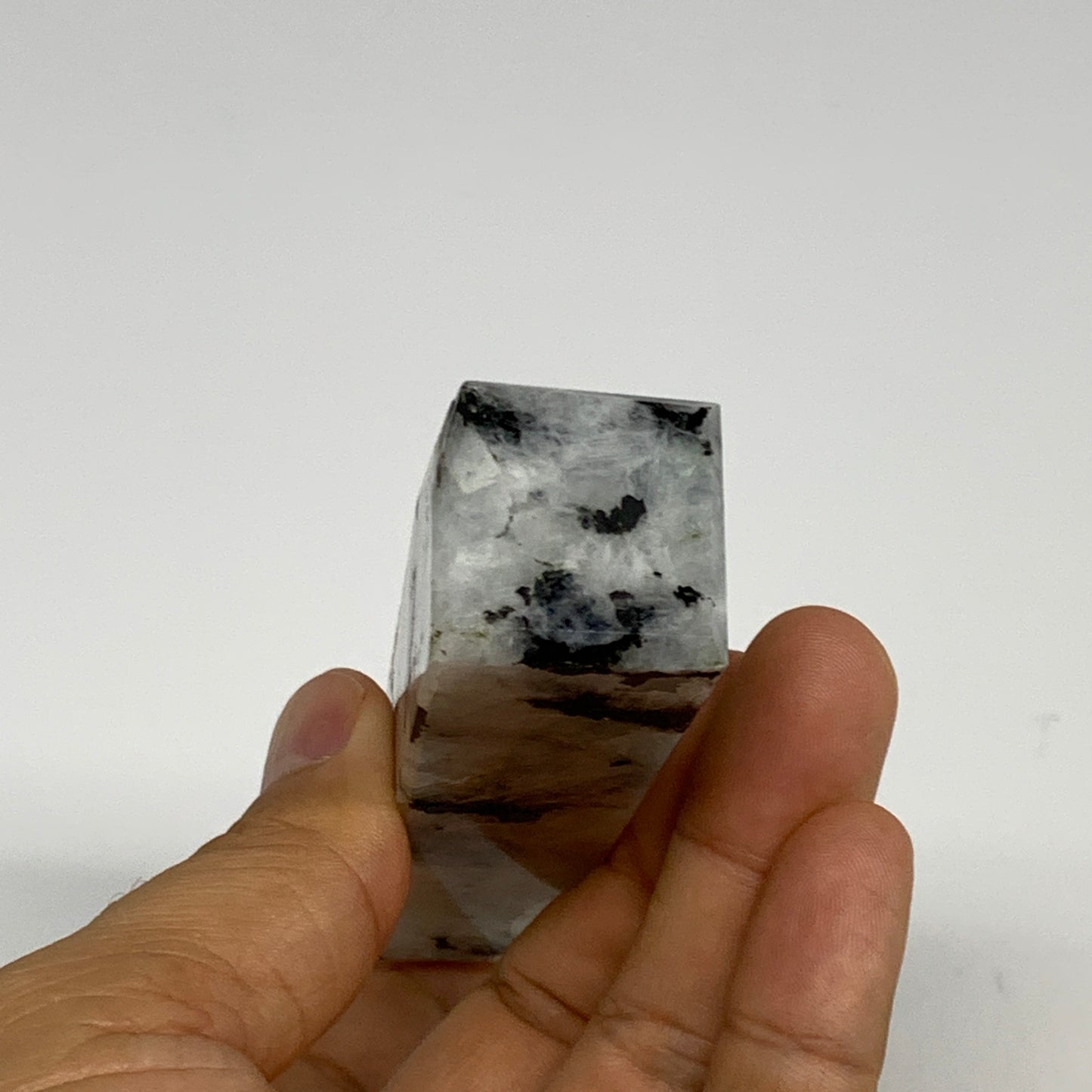 121.9g, 4.2"x0.9"x0.9" Rainbow Moonstone Tower Obelisk Point Crystal @India,B292