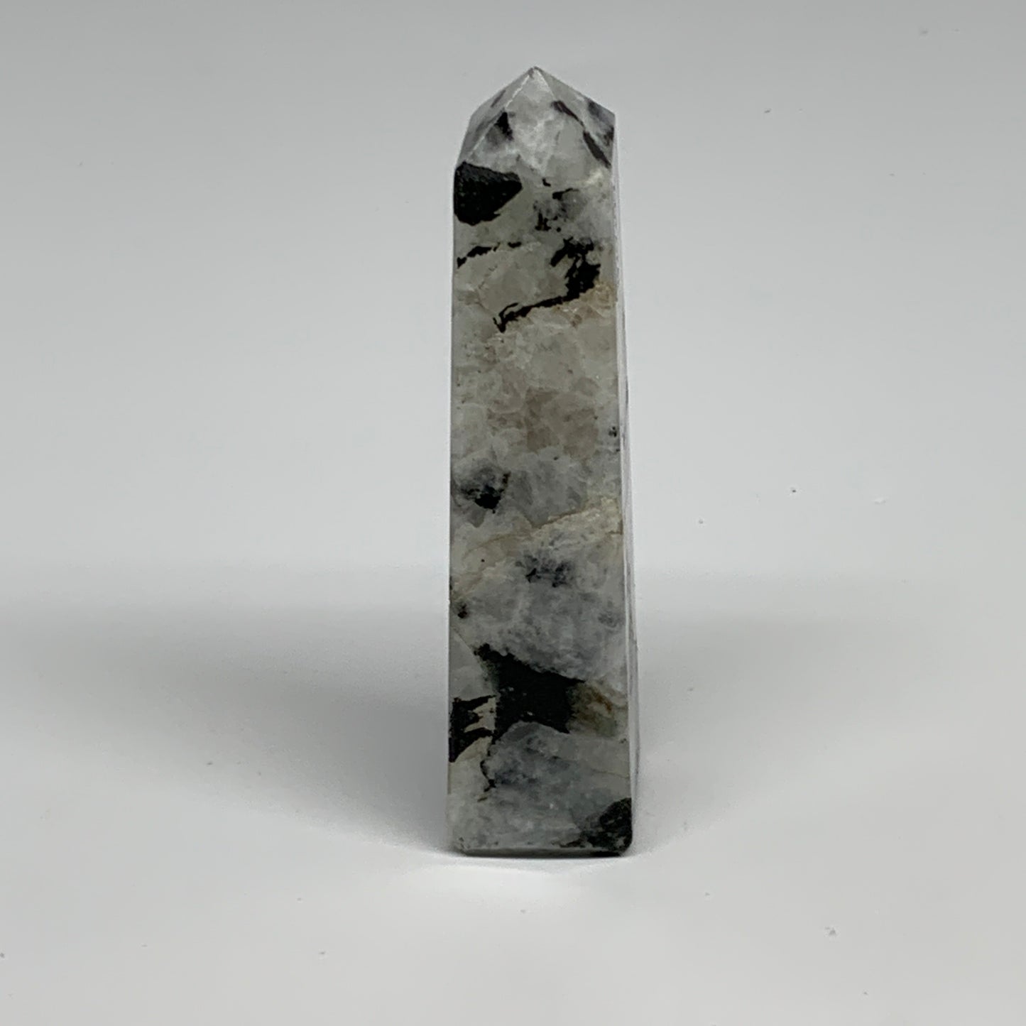 121.9g, 4.2"x0.9"x0.9" Rainbow Moonstone Tower Obelisk Point Crystal @India,B292
