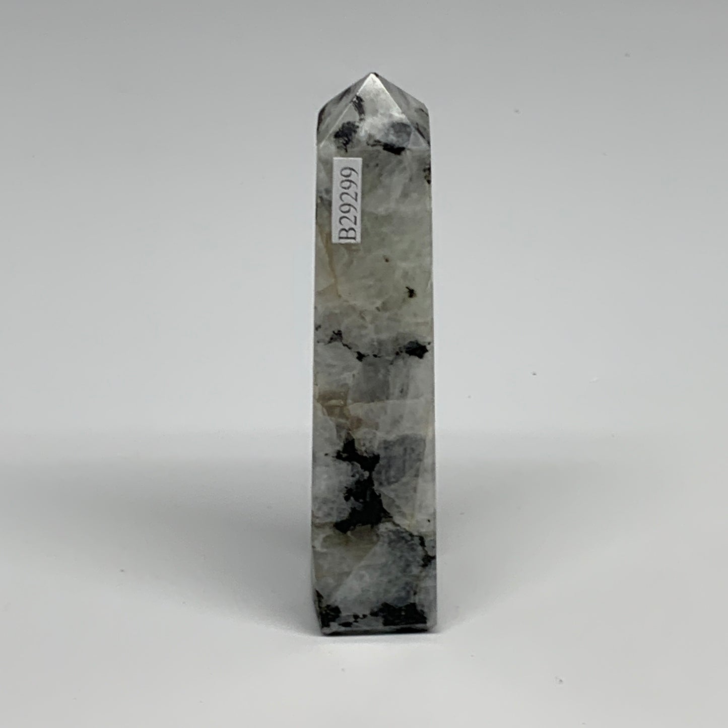 121.9g, 4.2"x0.9"x0.9" Rainbow Moonstone Tower Obelisk Point Crystal @India,B292