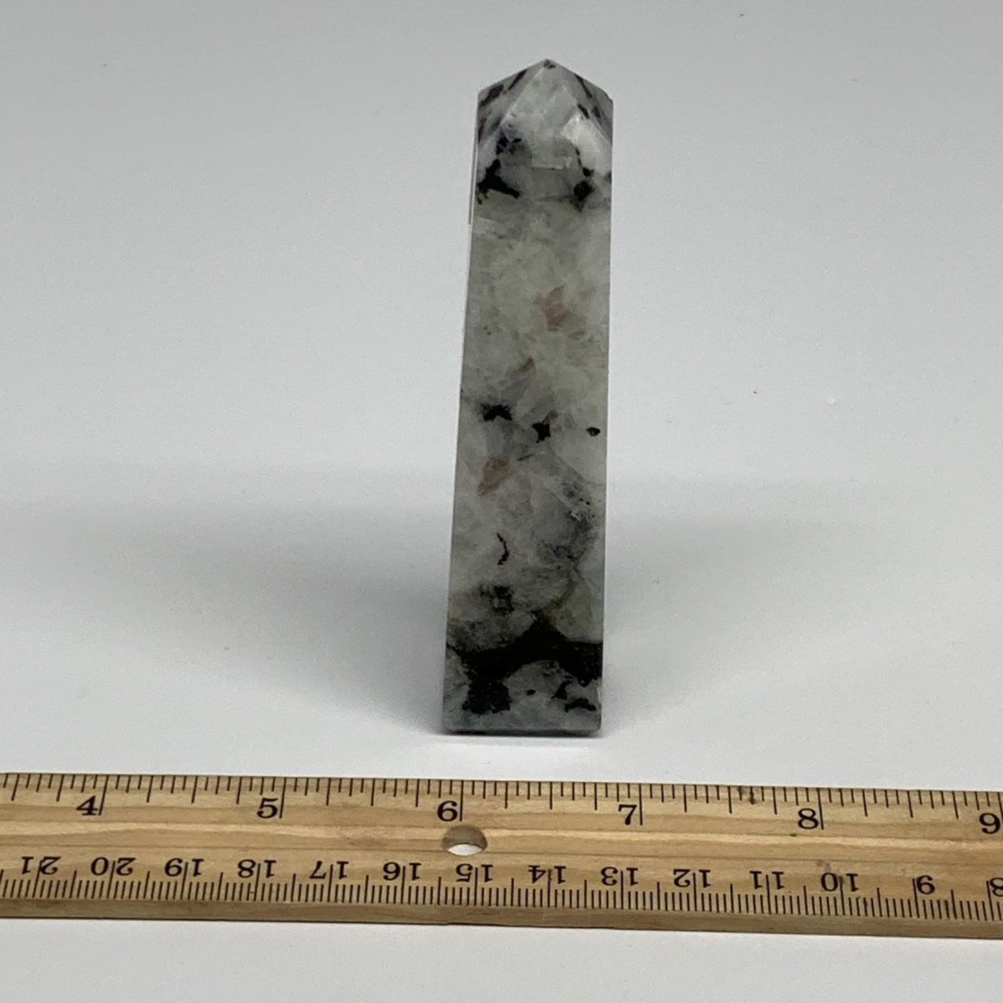 121.9g, 4.2"x0.9"x0.9" Rainbow Moonstone Tower Obelisk Point Crystal @India,B292