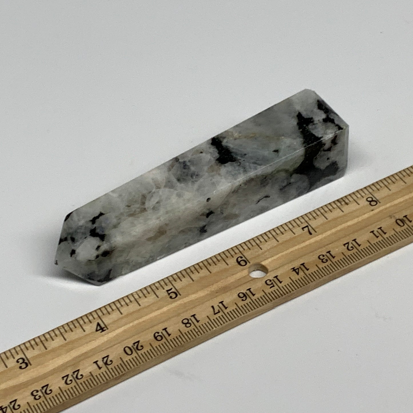 121.9g, 4.2"x0.9"x0.9" Rainbow Moonstone Tower Obelisk Point Crystal @India,B292