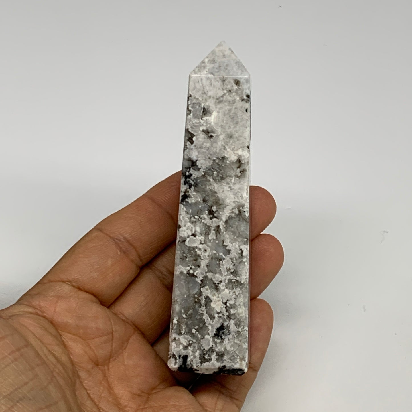 111.4g, 4"x0.9"x0.9" Rainbow Moonstone Tower Obelisk Point Crystal @India,B29301