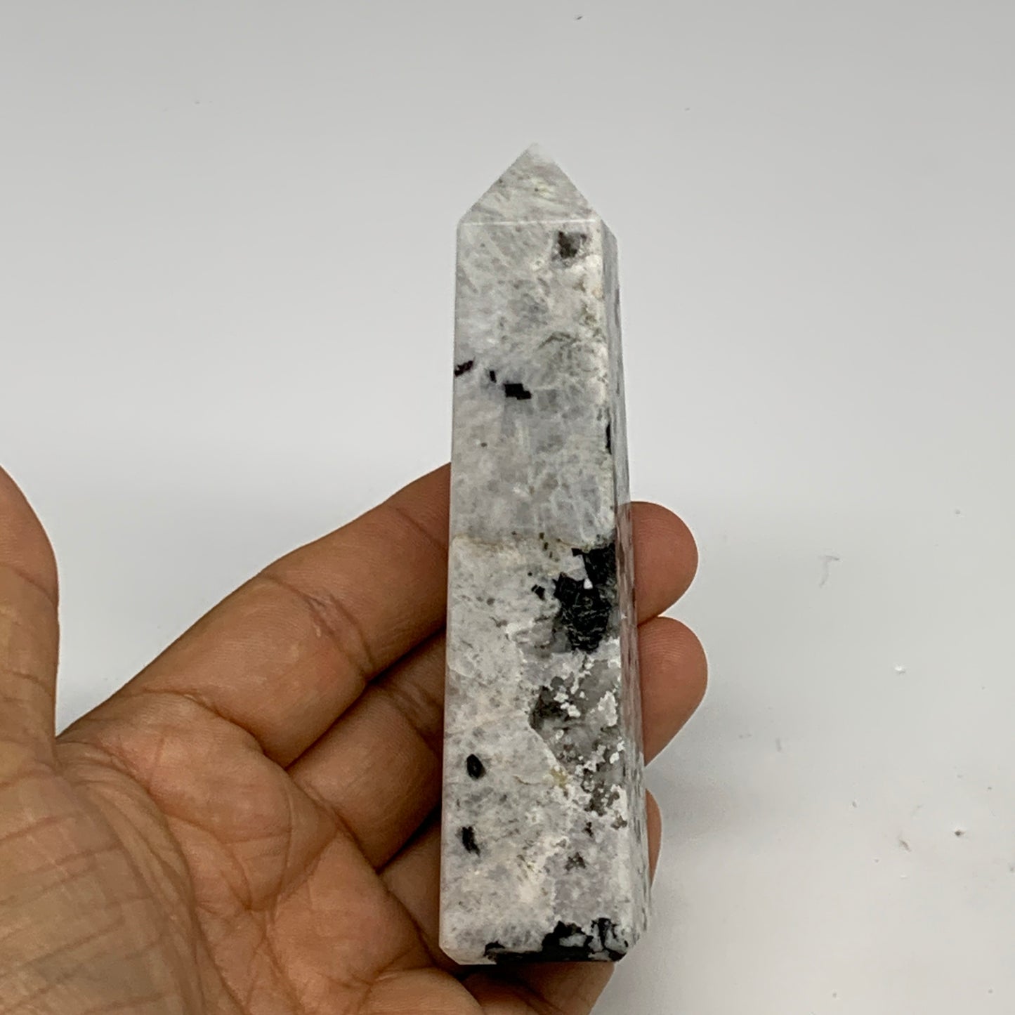 111.4g, 4"x0.9"x0.9" Rainbow Moonstone Tower Obelisk Point Crystal @India,B29301