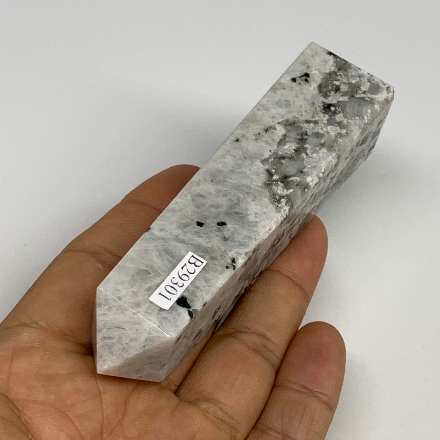 111.4g, 4"x0.9"x0.9" Rainbow Moonstone Tower Obelisk Point Crystal @India,B29301