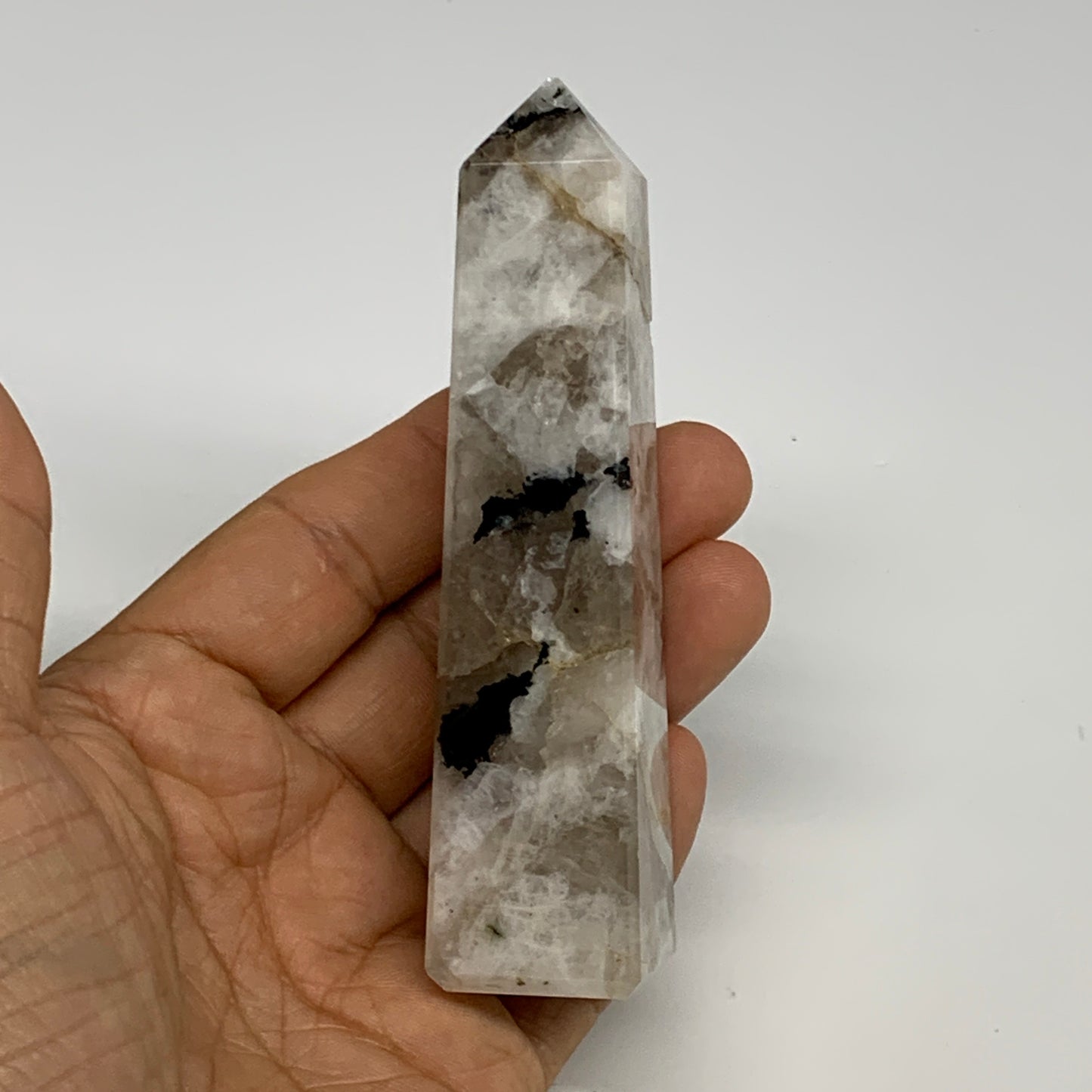 123.5g, 4.1"x1"x1" Rainbow Moonstone Tower Obelisk Point Crystal @India,B29302
