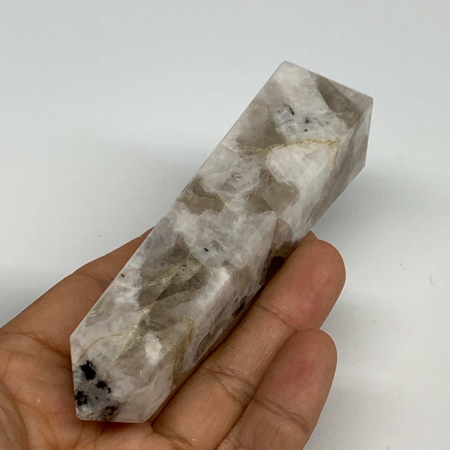 123.5g, 4.1"x1"x1" Rainbow Moonstone Tower Obelisk Point Crystal @India,B29302