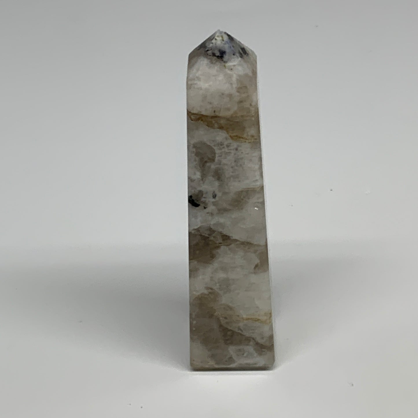 123.5g, 4.1"x1"x1" Rainbow Moonstone Tower Obelisk Point Crystal @India,B29302