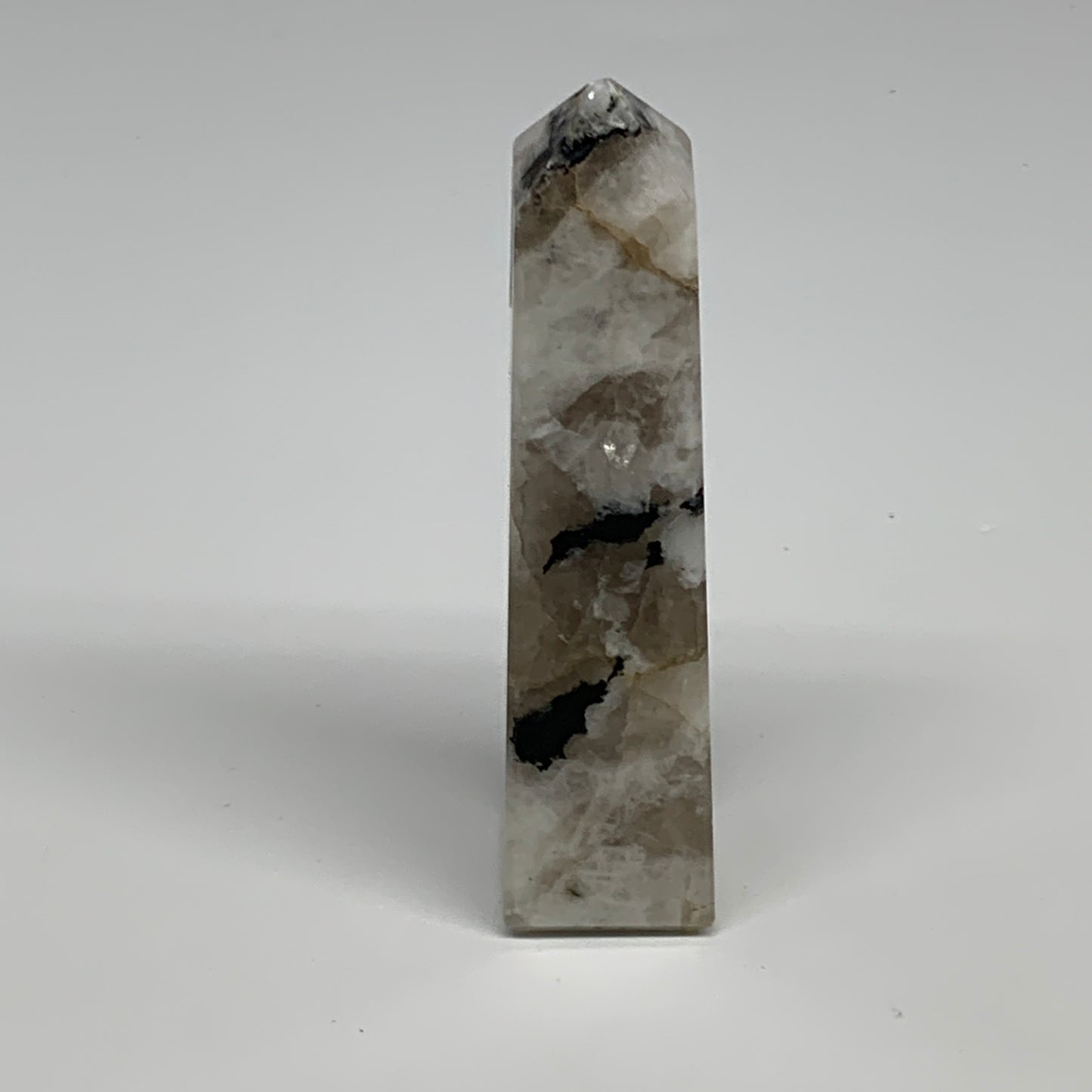123.5g, 4.1"x1"x1" Rainbow Moonstone Tower Obelisk Point Crystal @India,B29302