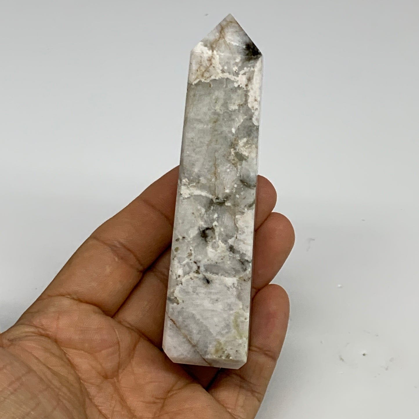 128.7g, 4"x1"x1." Rainbow Moonstone Tower Obelisk Point Crystal @India,B29303