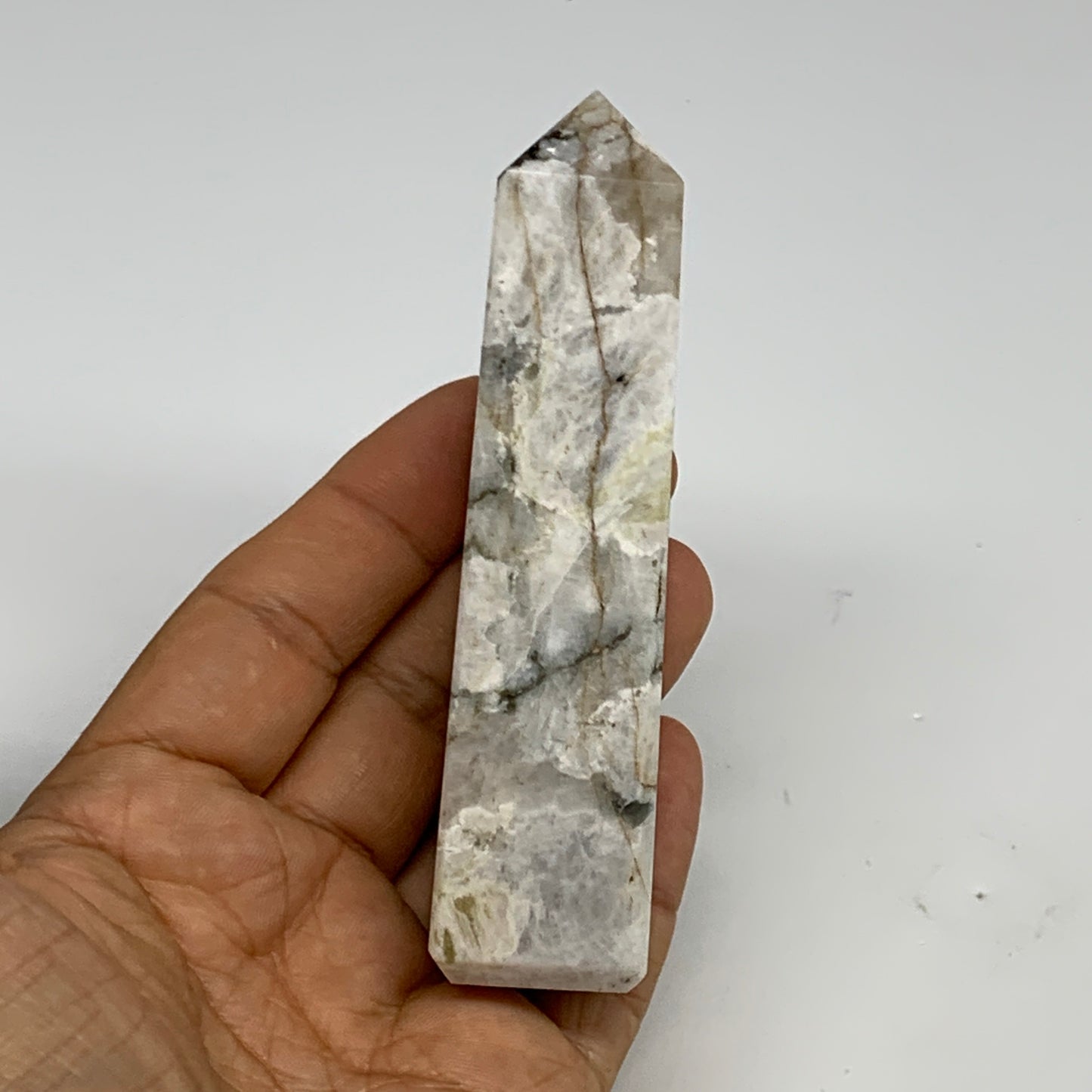 128.7g, 4"x1"x1." Rainbow Moonstone Tower Obelisk Point Crystal @India,B29303