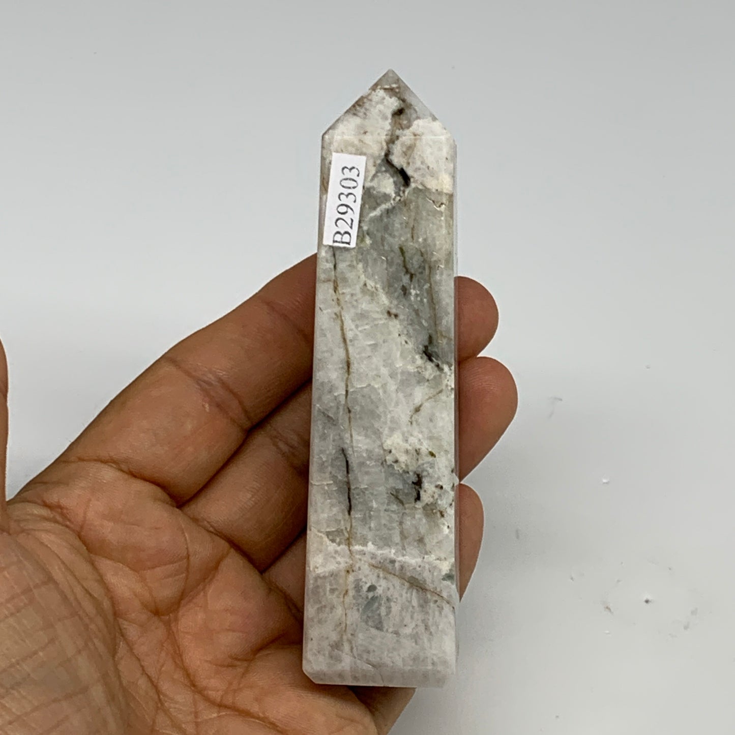 128.7g, 4"x1"x1." Rainbow Moonstone Tower Obelisk Point Crystal @India,B29303