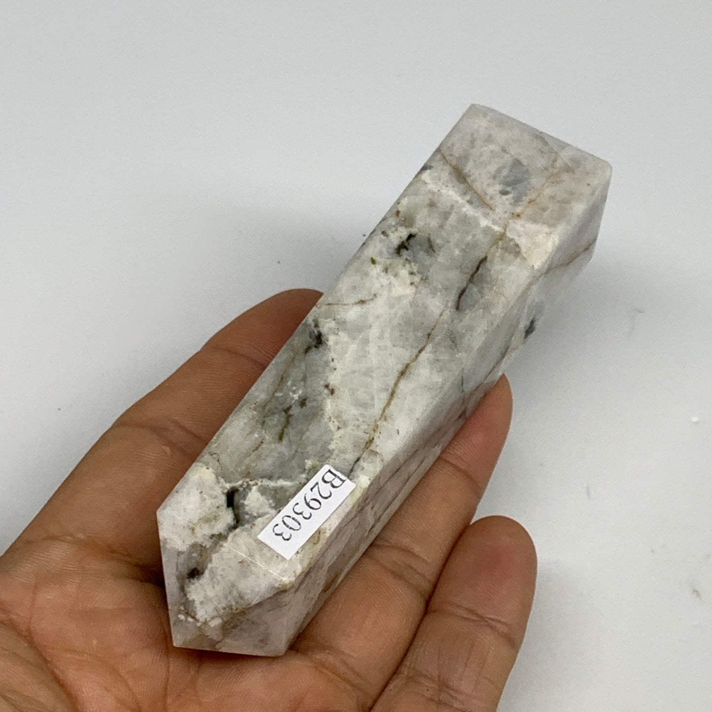 128.7g, 4"x1"x1." Rainbow Moonstone Tower Obelisk Point Crystal @India,B29303